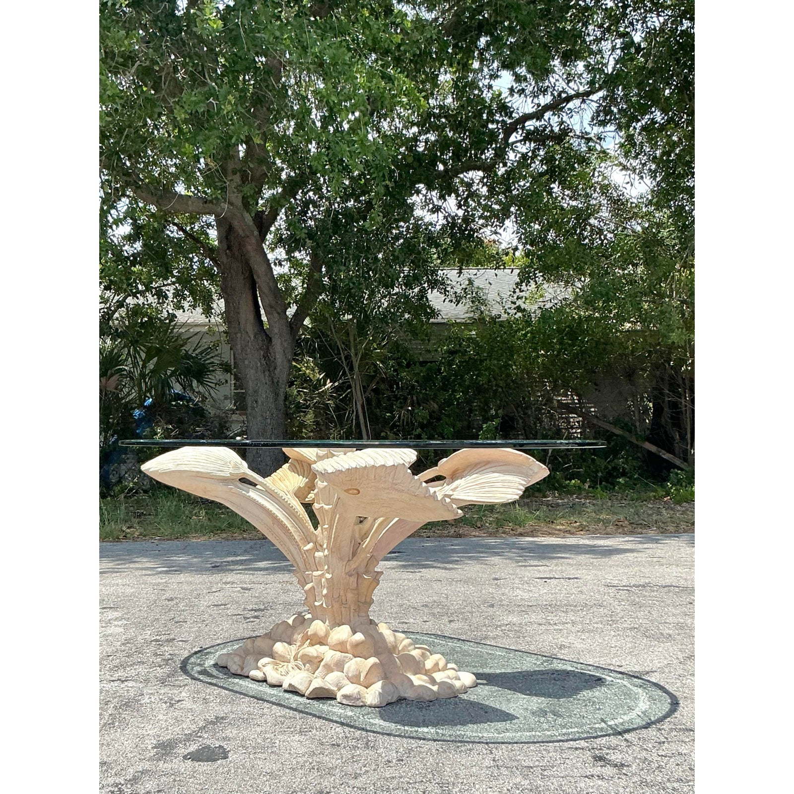 Vintage Boho Carved Palm Tree Dining Table - Top view