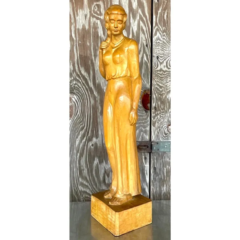 Vintage Boho Carved Sculpture of Woman - Side view