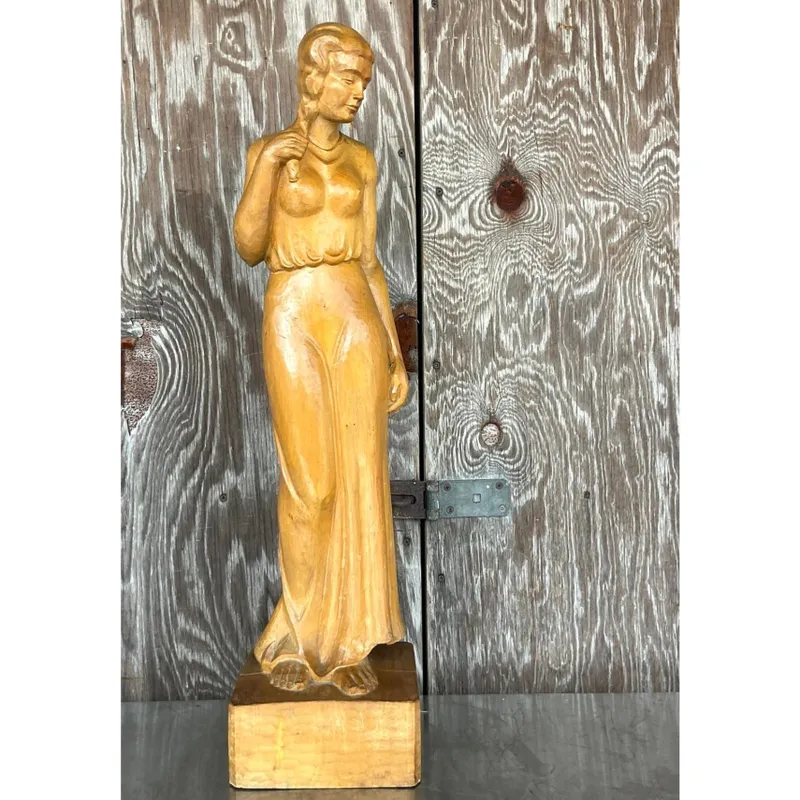 Vintage Boho Carved Sculpture of Woman - Top view