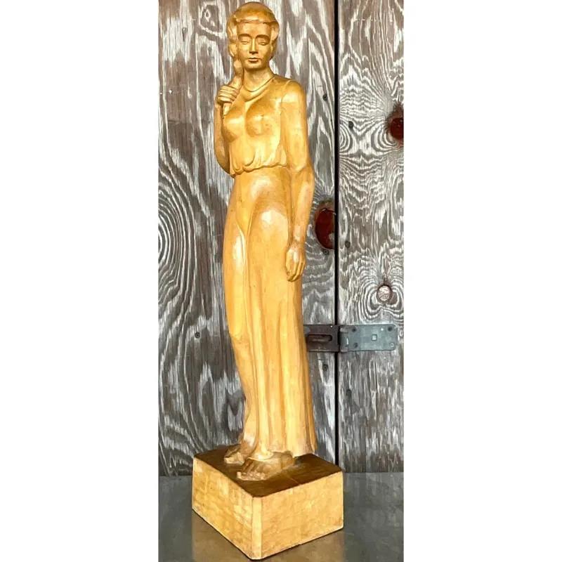 Vintage Boho Carved Sculpture of Woman - Back view