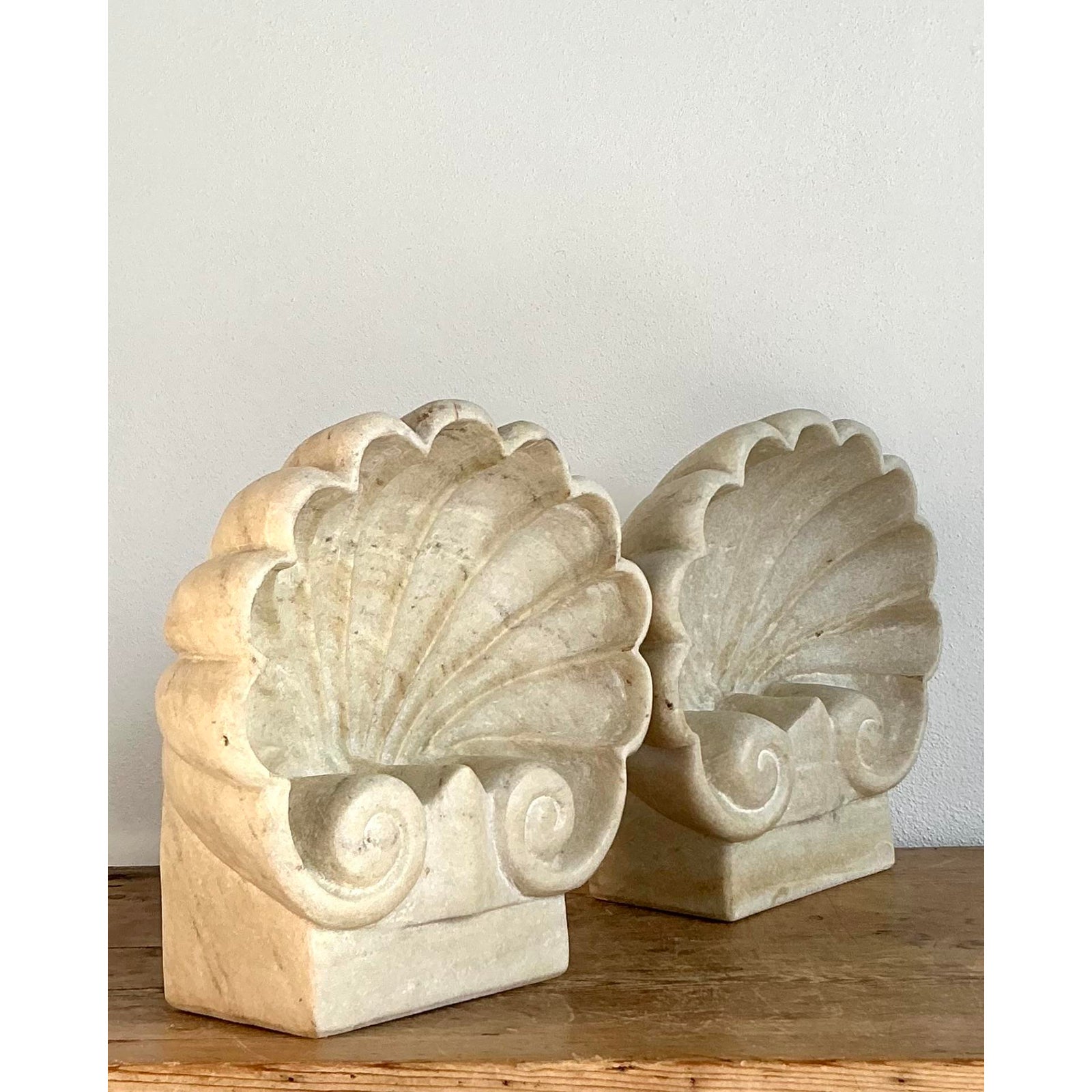 Vintage Boho Carved Stone Clam Shell Fonts - A Pair - Detail view