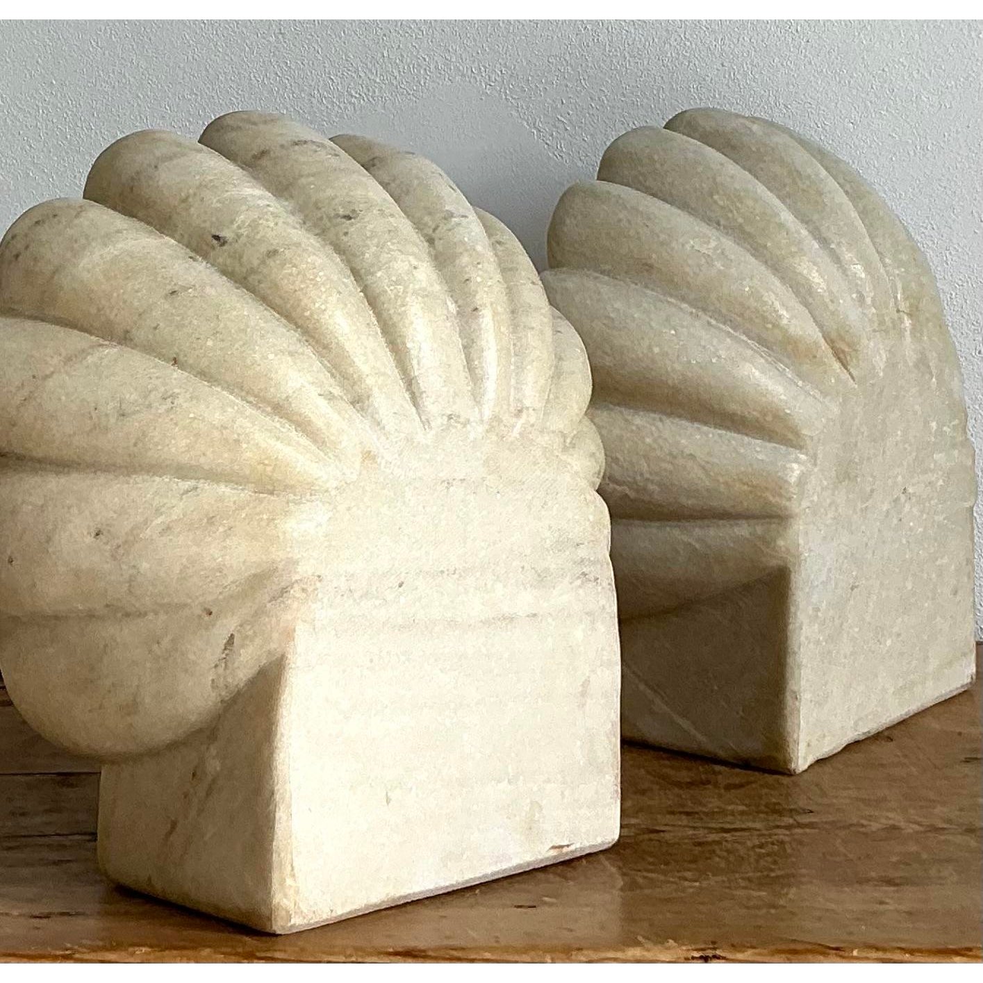 Vintage Boho Carved Stone Clam Shell Fonts - A Pair - Top view