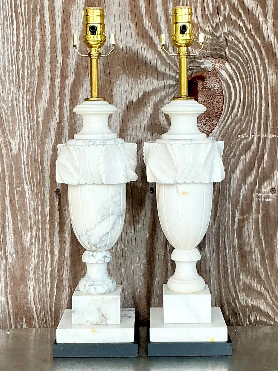Vintage Boho Carved Stone Leaf Lamps - a Pair - Detail view