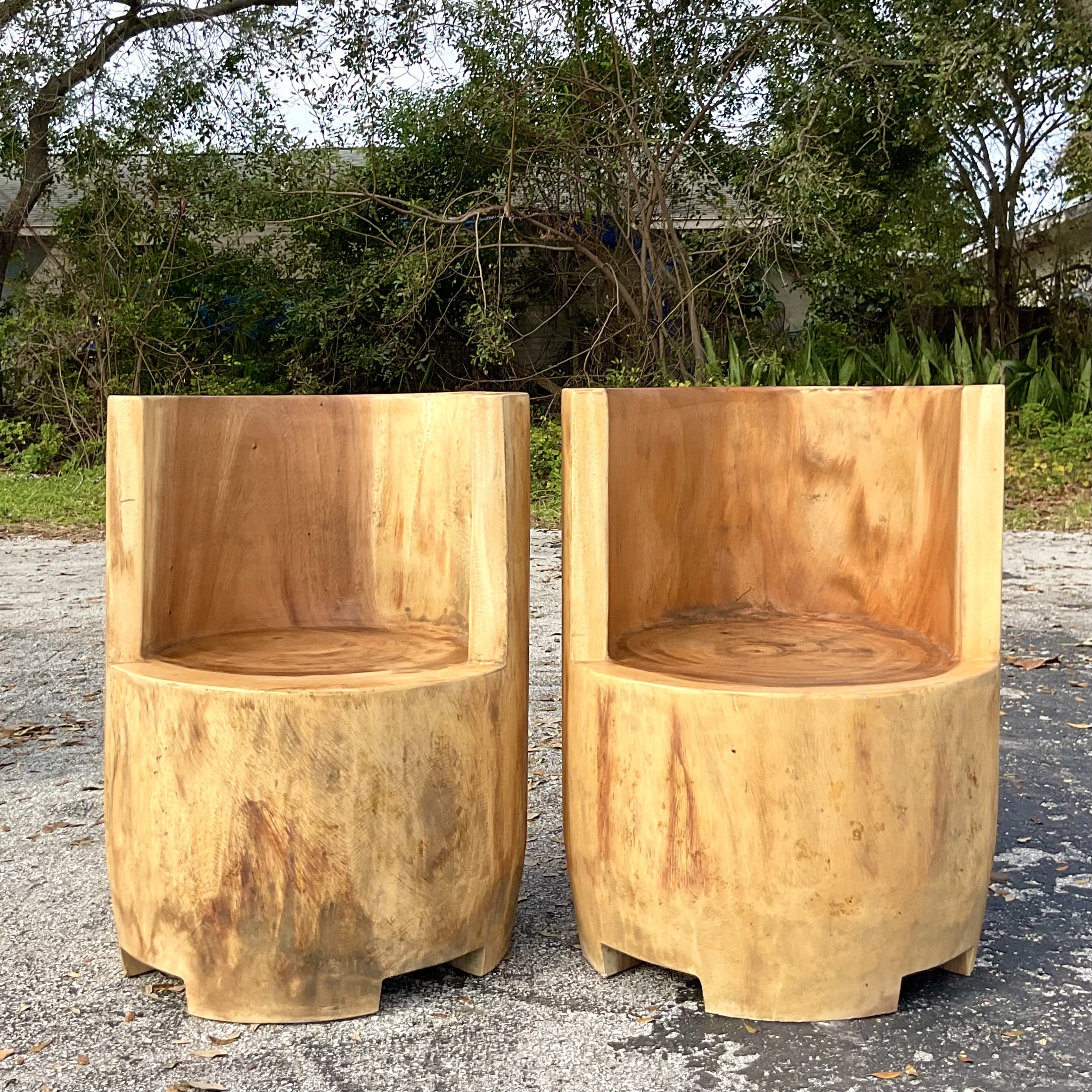 Vintage Boho Carved Stump Chairs- a Pair - Top view