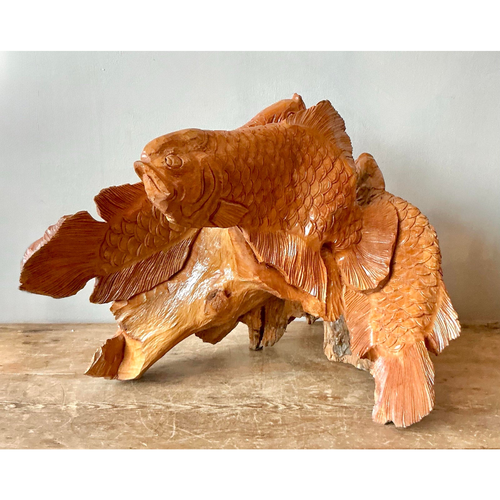 Vintage Boho Carved Trunk Koi Sculpture - Top view