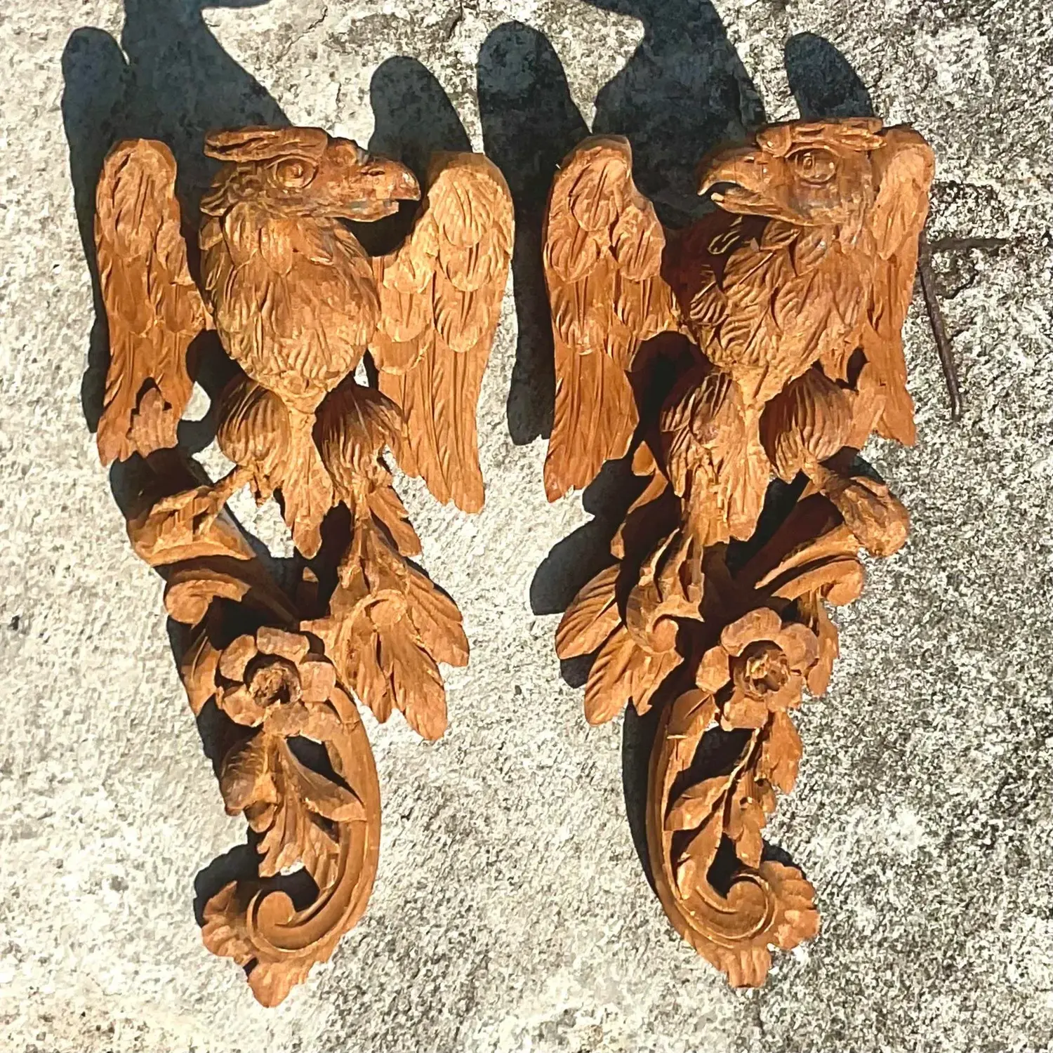 Vintage Boho Carved Wall Mount Phoenix - Set of 2 - Detail view