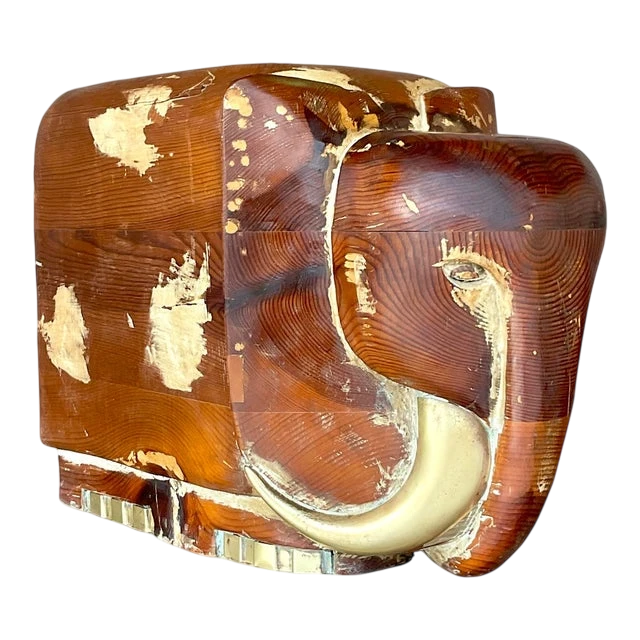 Vintage Boho Carved Wood and Brass Elephant - Detail view