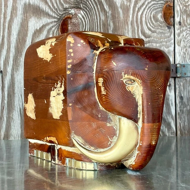 Vintage Boho Carved Wood and Brass Elephant - Side view