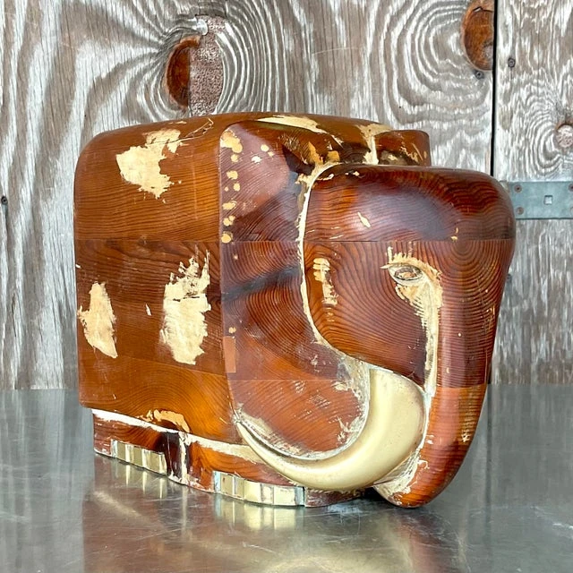 Vintage Boho Carved Wood and Brass Elephant - Top view