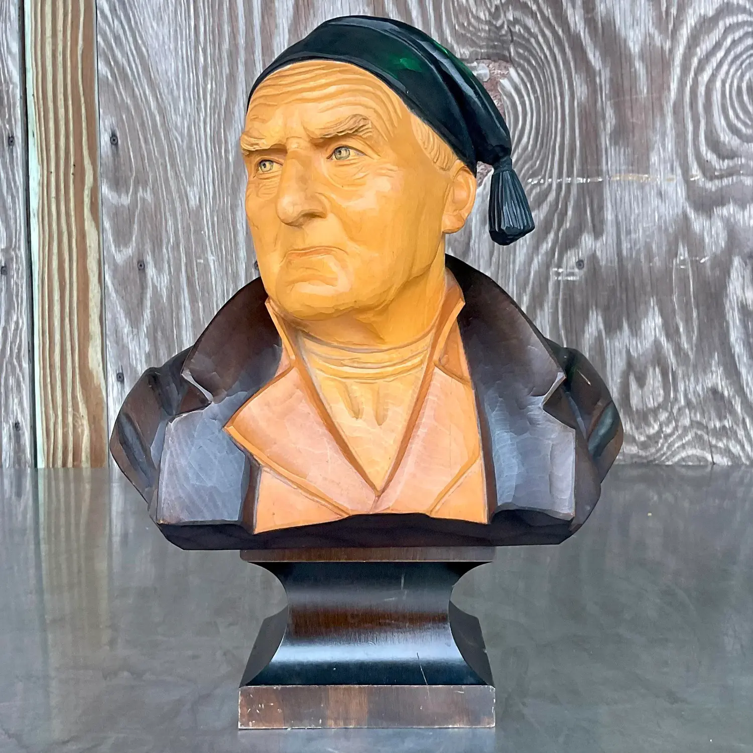 Vintage Boho Carved Wood Bust of Man - Detail view