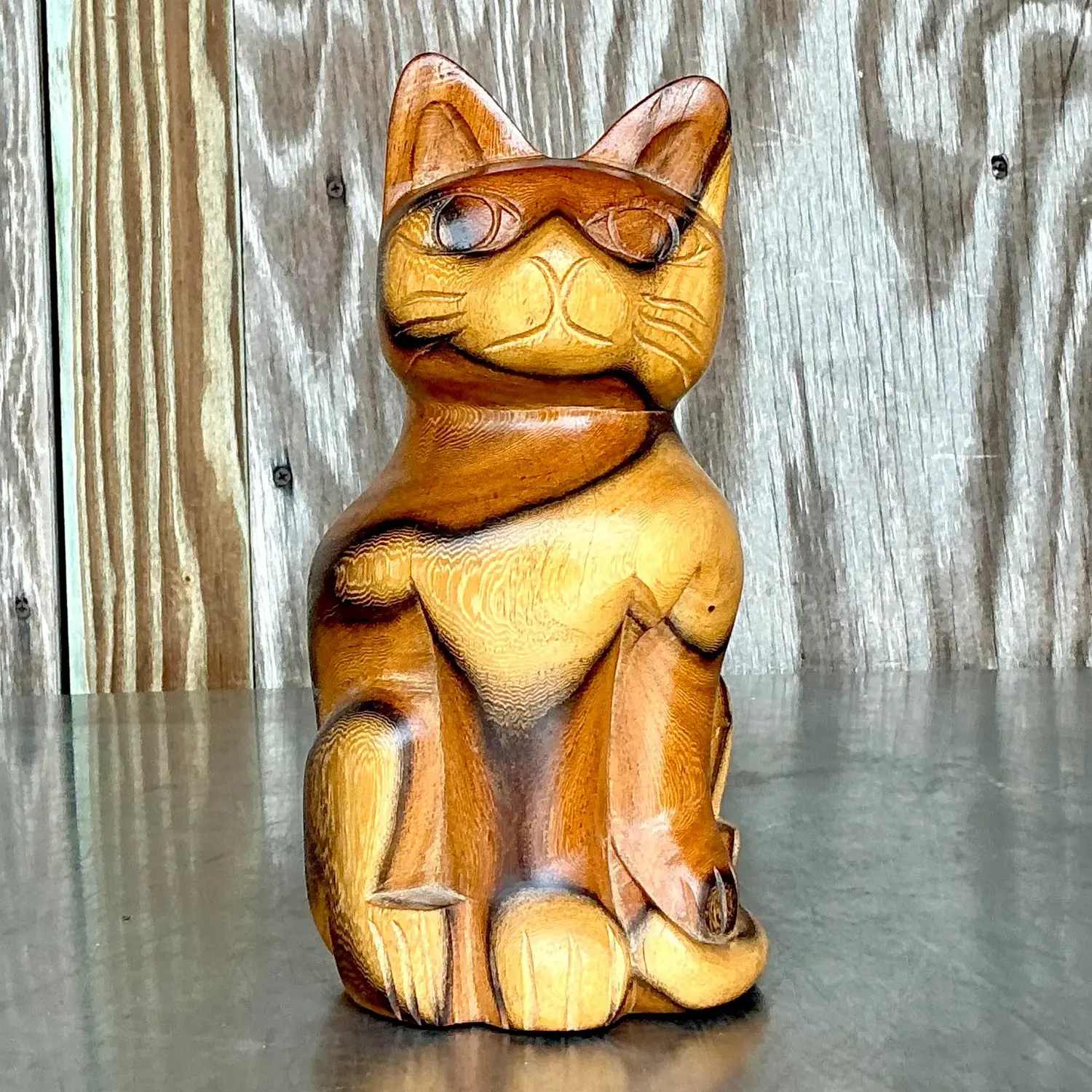 Vintage Boho Carved Wood Cat - Detail view