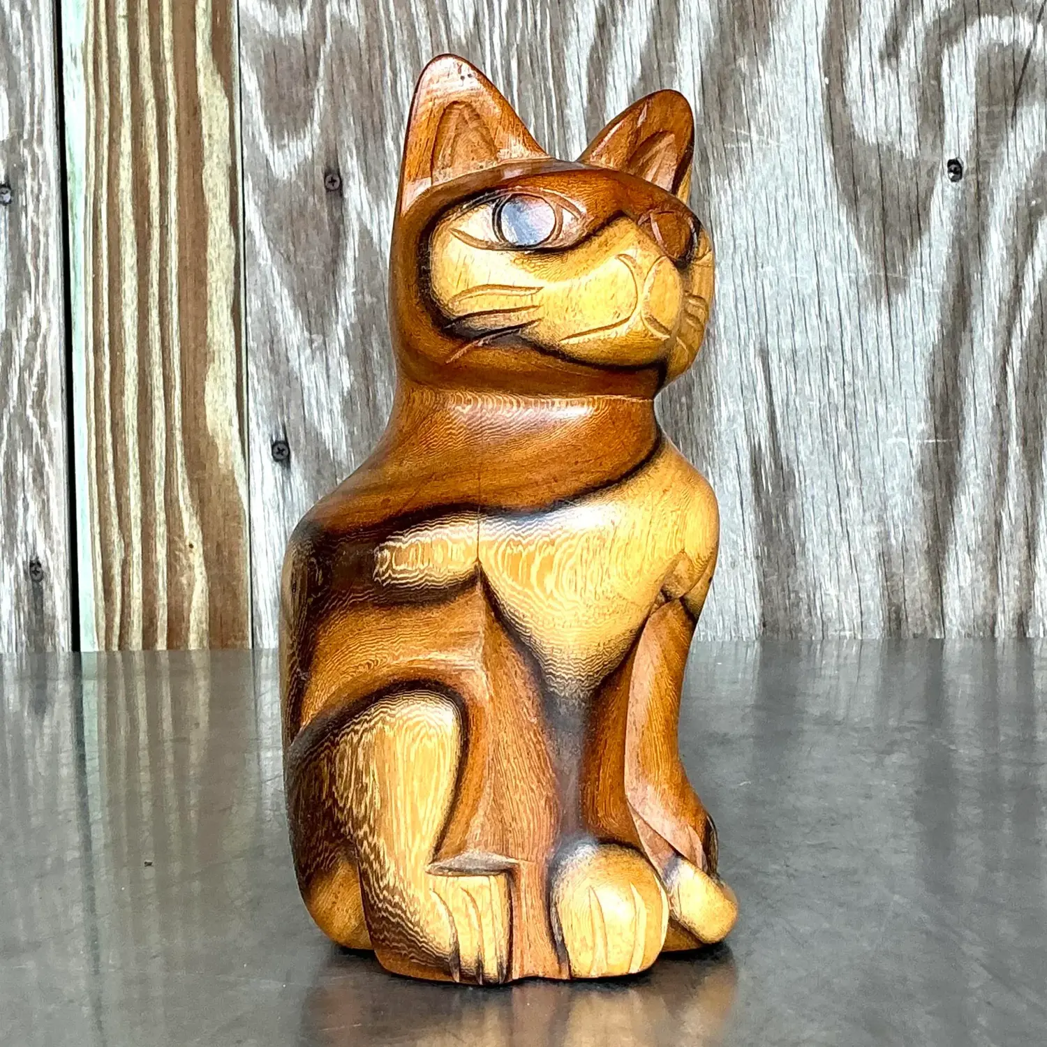Vintage Boho Carved Wood Cat - Top view