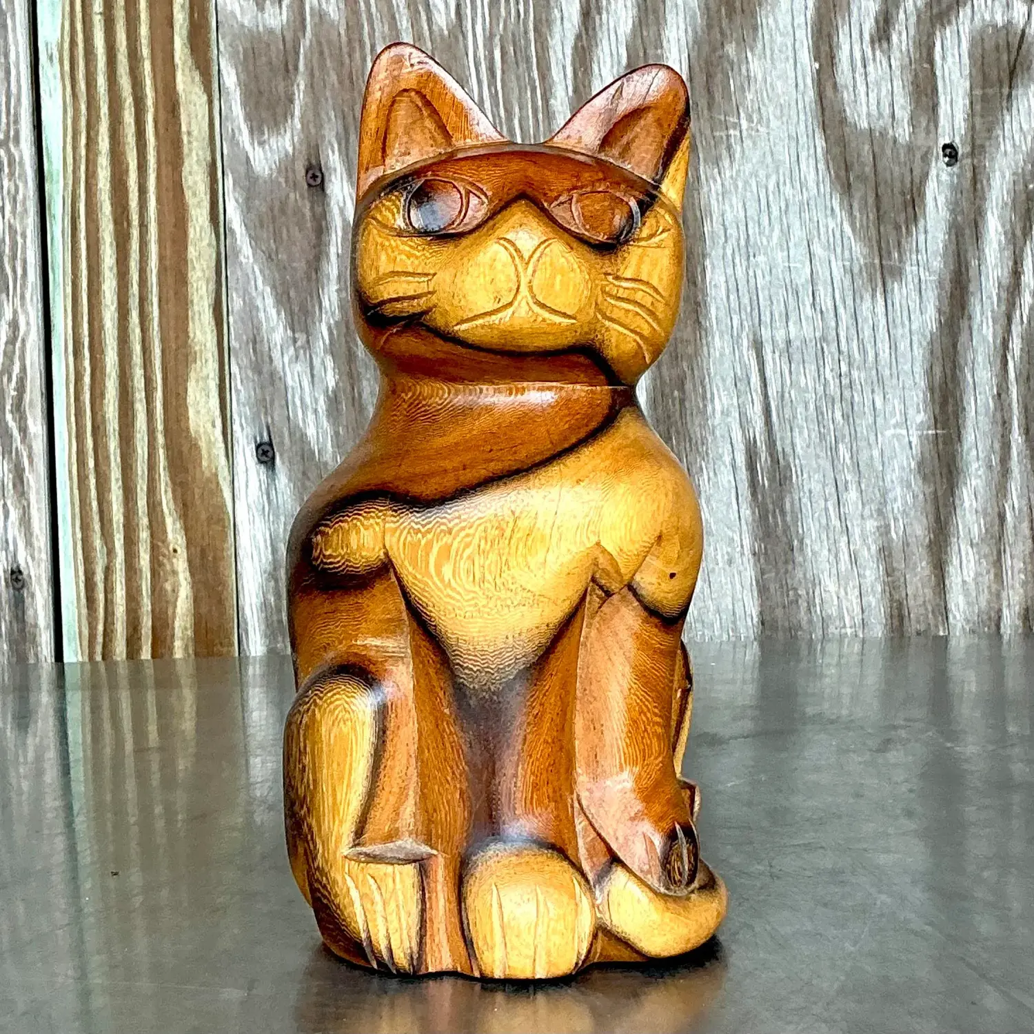 Vintage Boho Carved Wood Cat - Side view