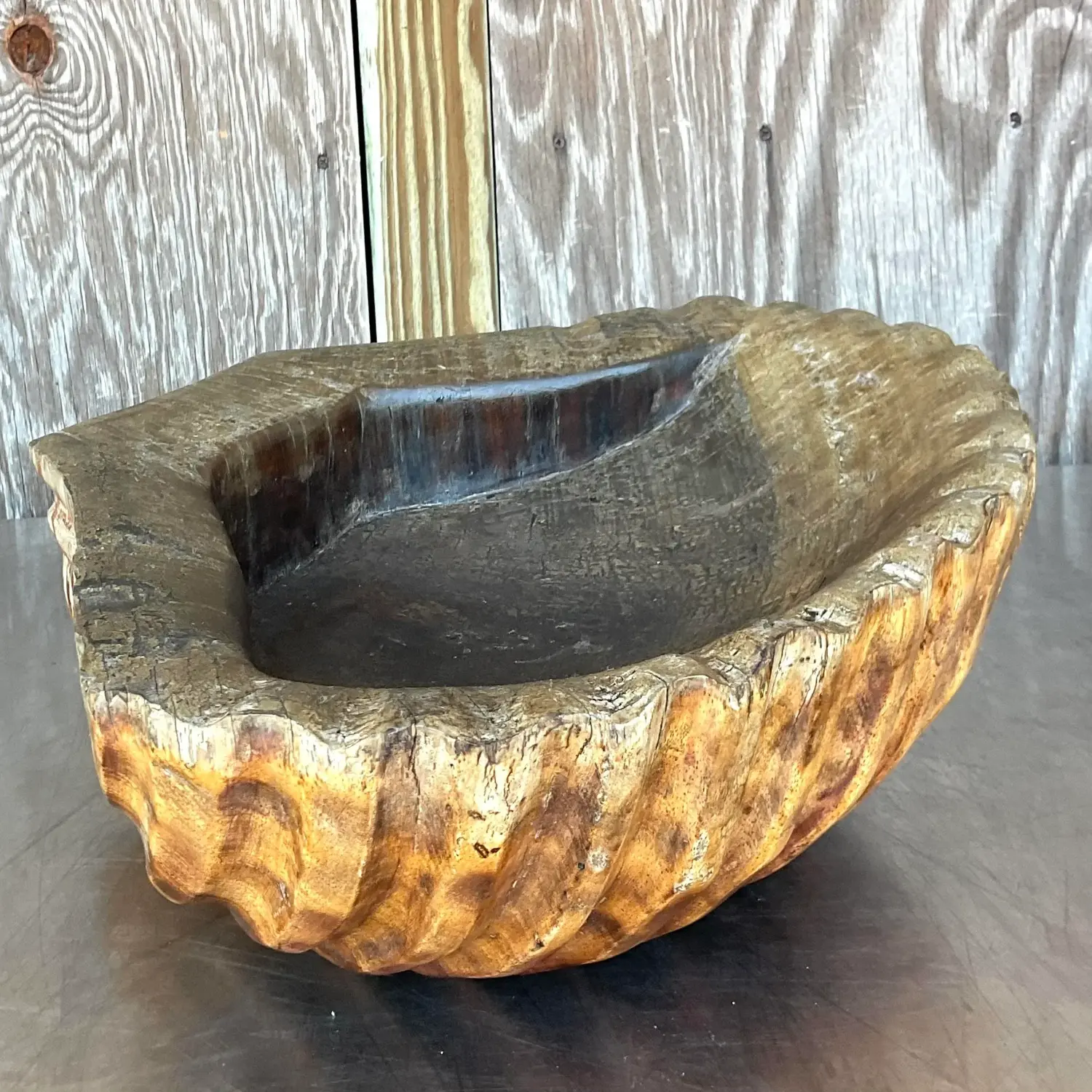 Vintage Boho Carved Wood Clam Shell - Detail view