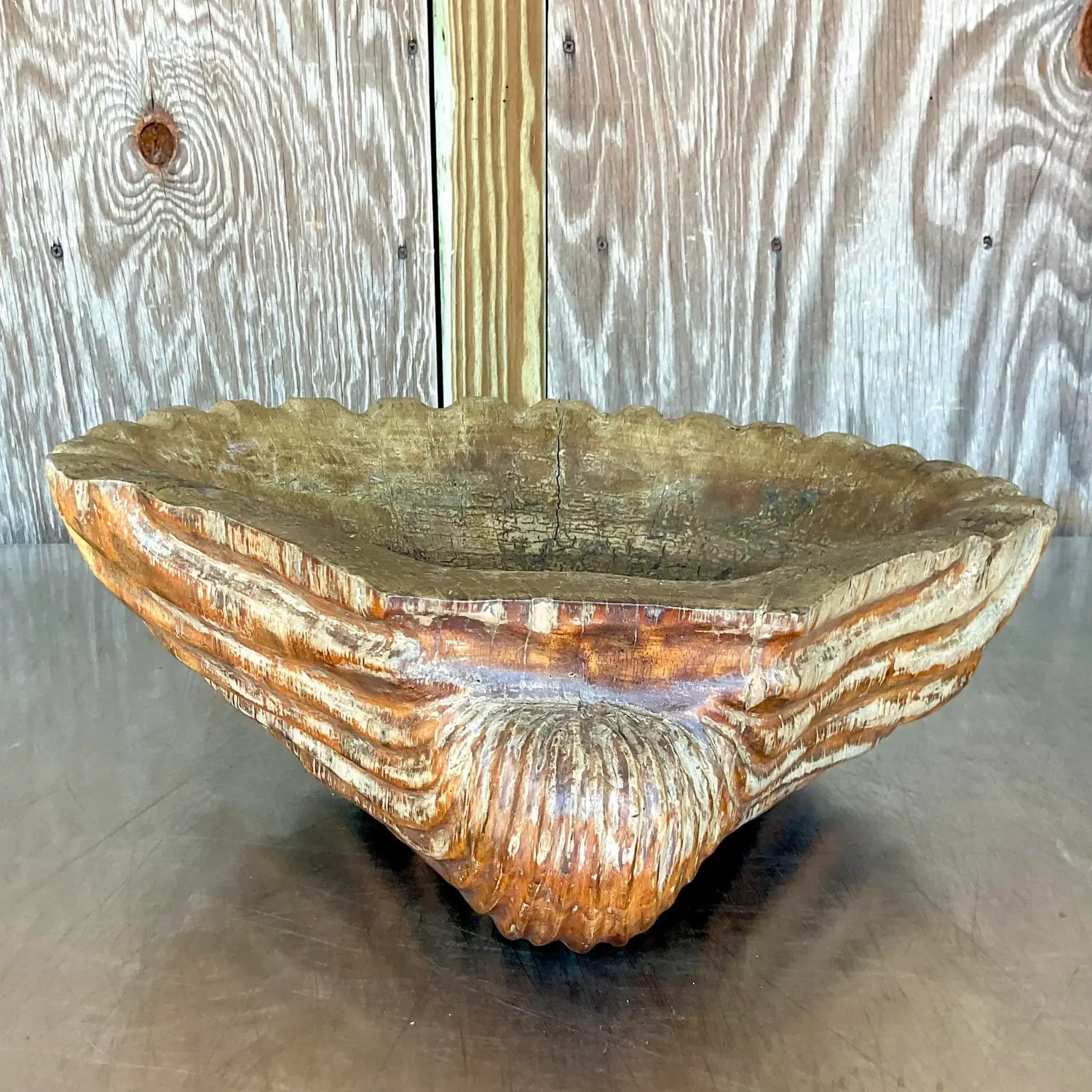 Vintage Boho Carved Wood Clam Shell - Side view