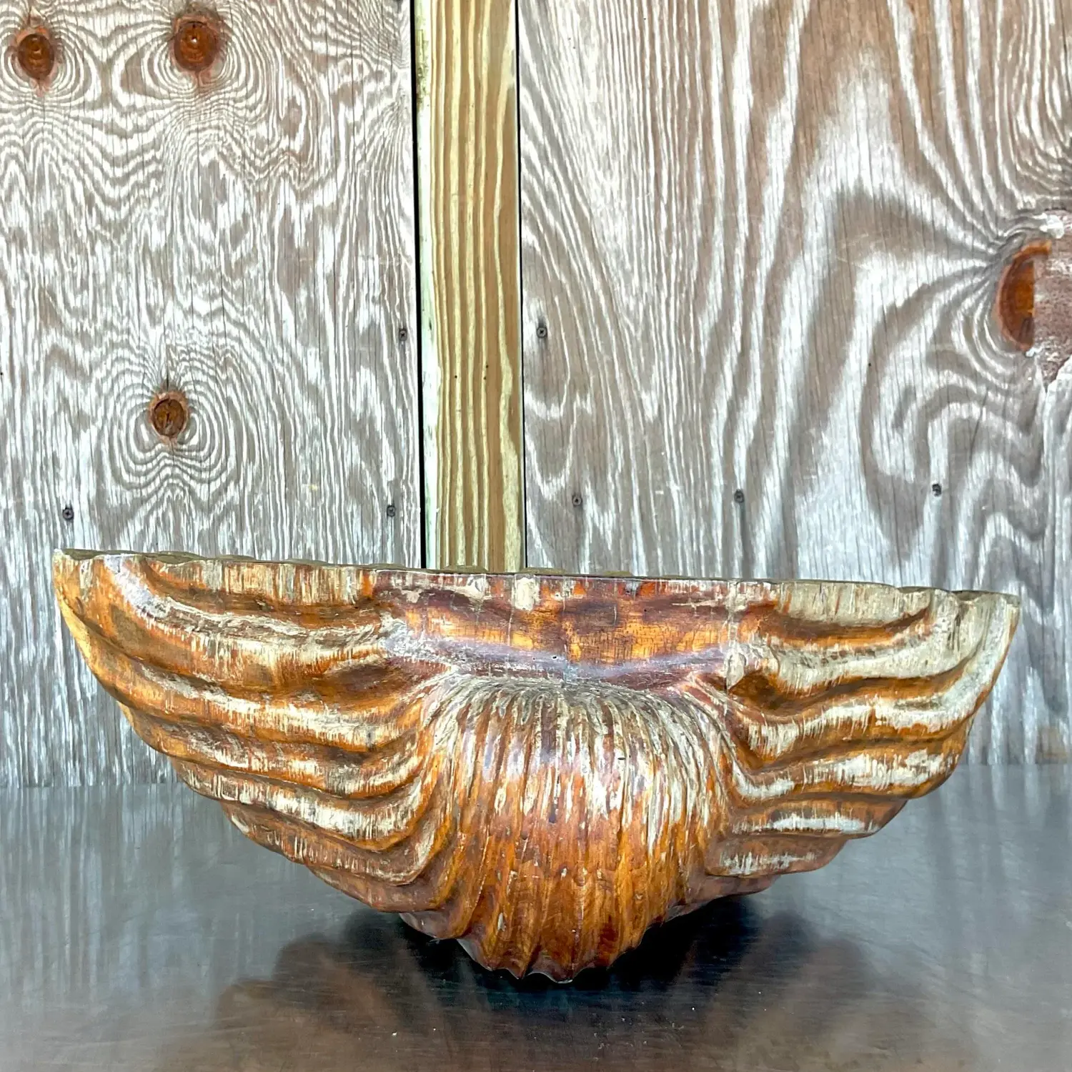 Vintage Boho Carved Wood Clam Shell - Back view