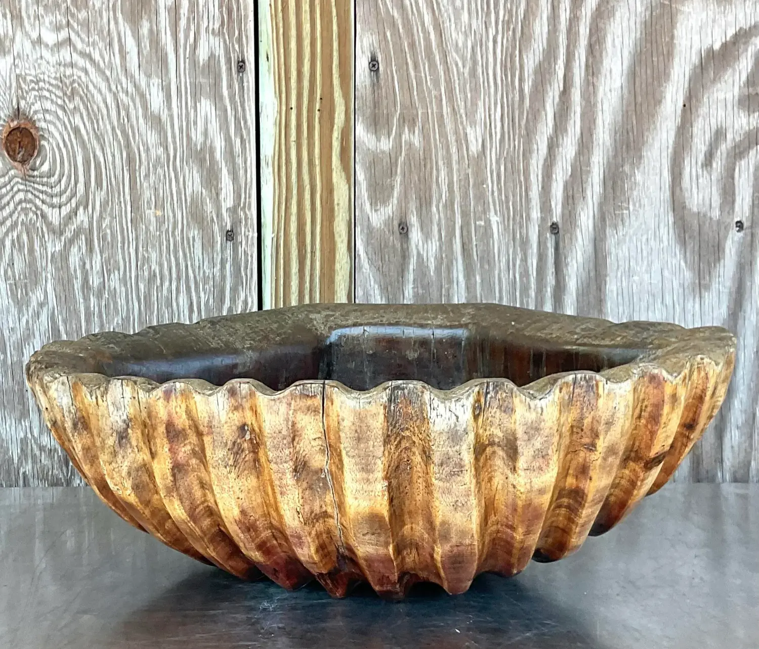 Vintage Boho Carved Wood Clam Shell - Top view