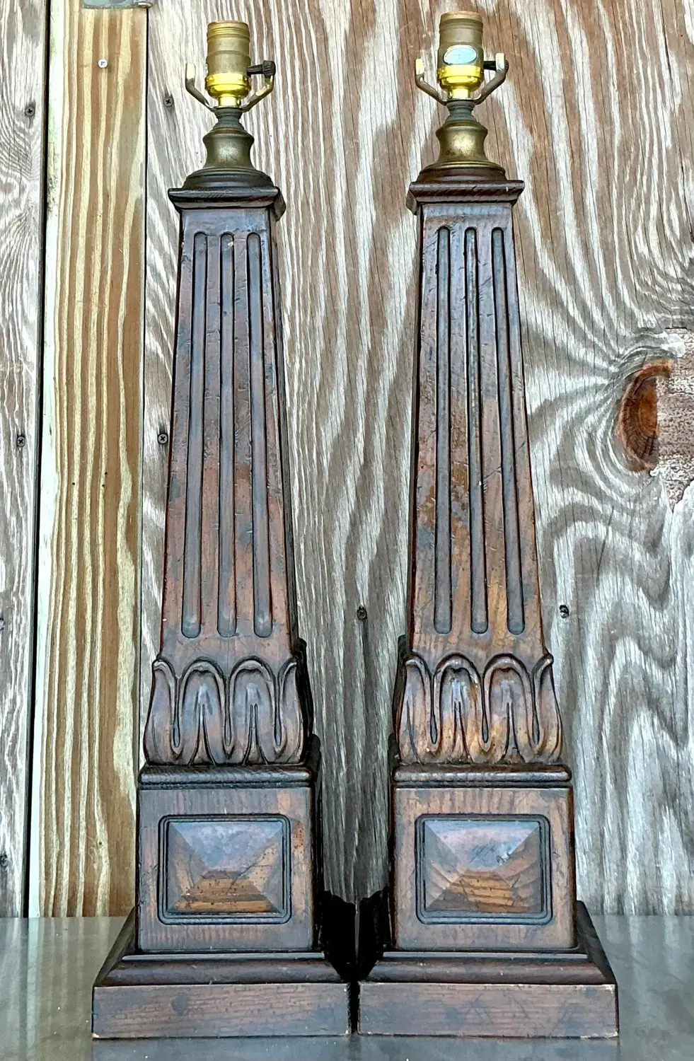 Vintage Boho Carved Wood Column Lamps - a Pair - Detail view