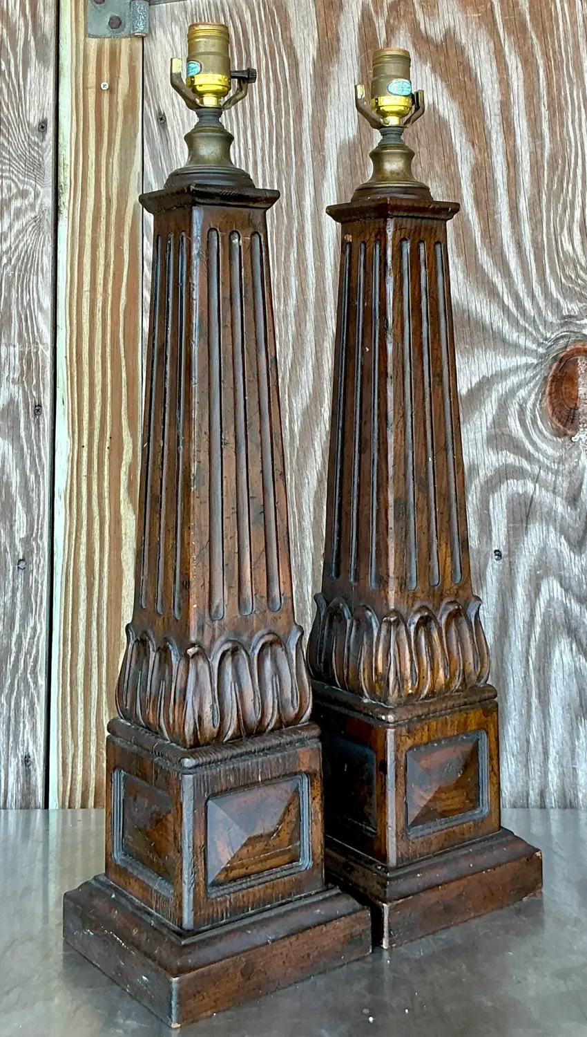 Vintage Boho Carved Wood Column Lamps - a Pair - Top view