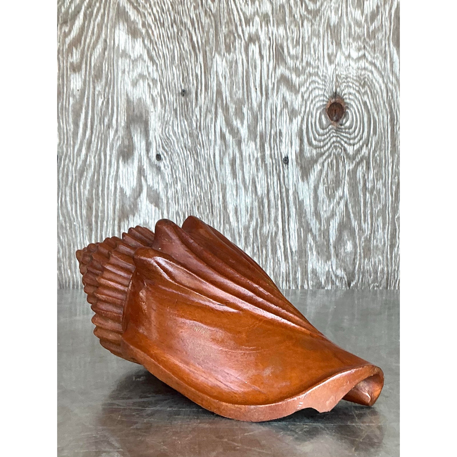 Vintage Boho Carved Wood Conch Shell - Top view
