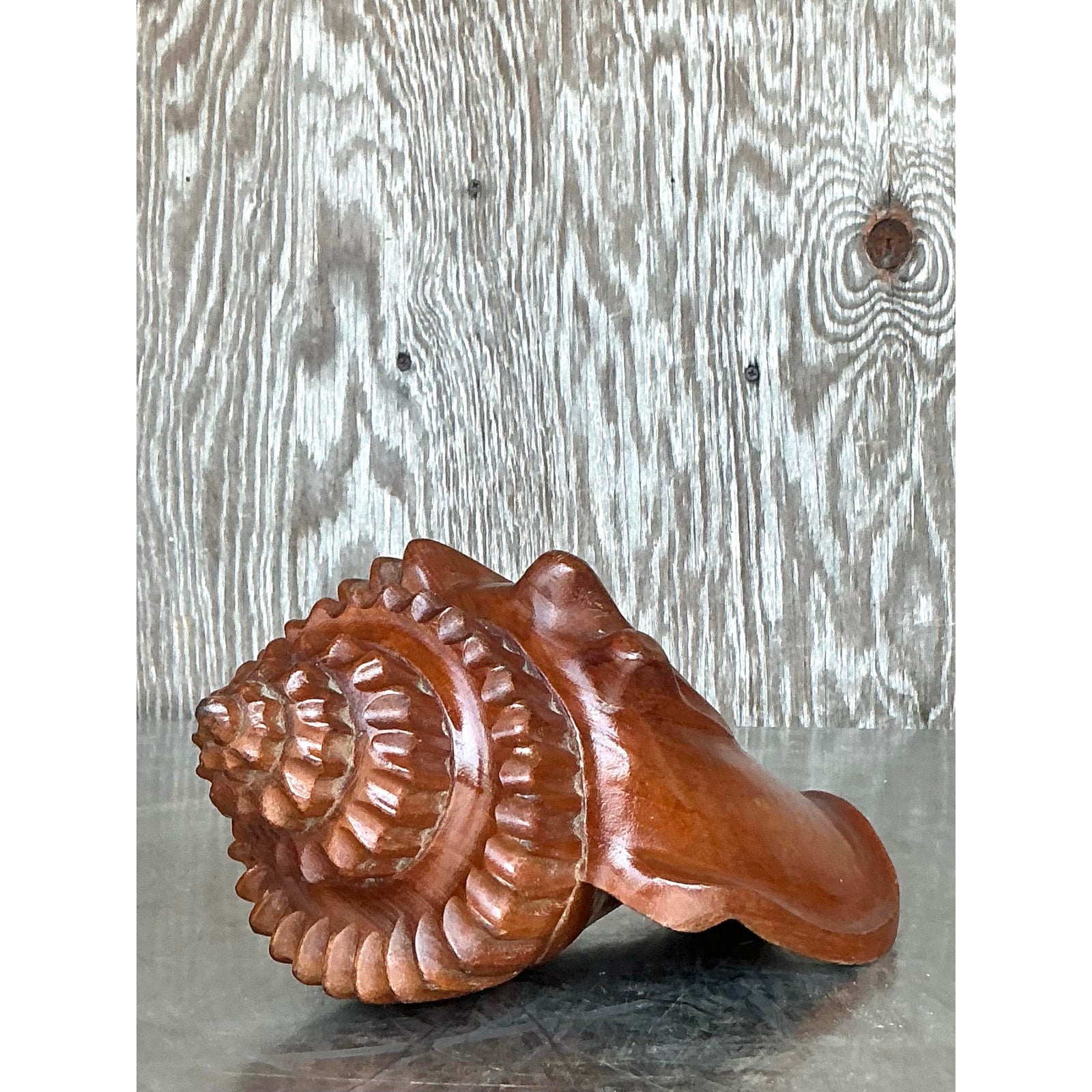 Vintage Boho Carved Wood Conch Shell - Side view