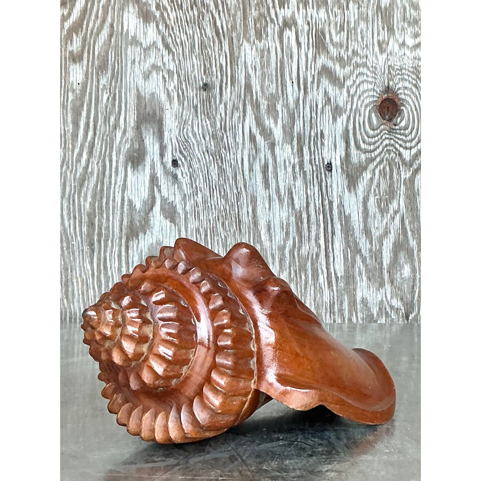 Vintage Boho Carved Wood Conch Shell - Back view