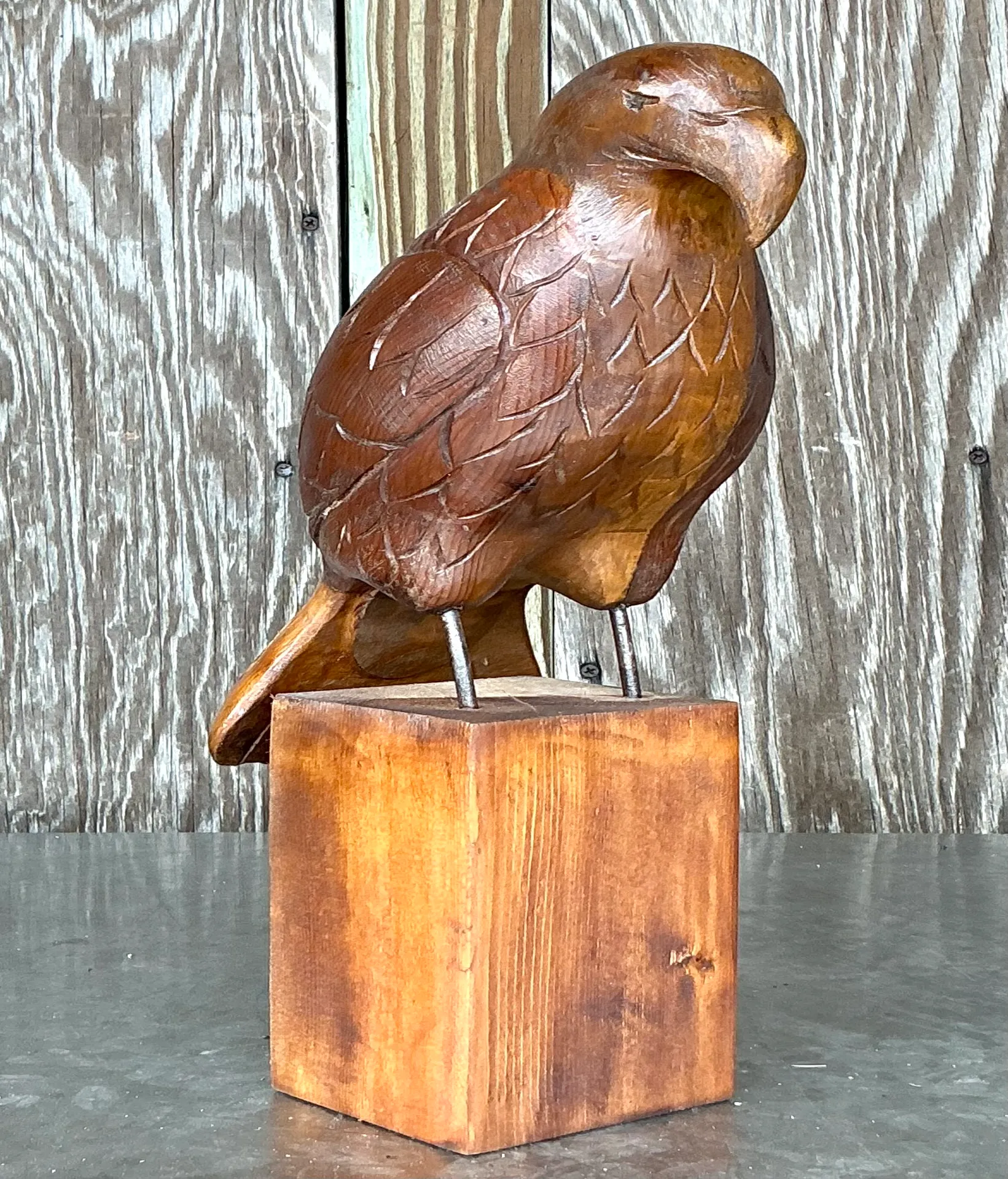 Vintage Boho Carved Wood Eagle Sculpture - Side view
