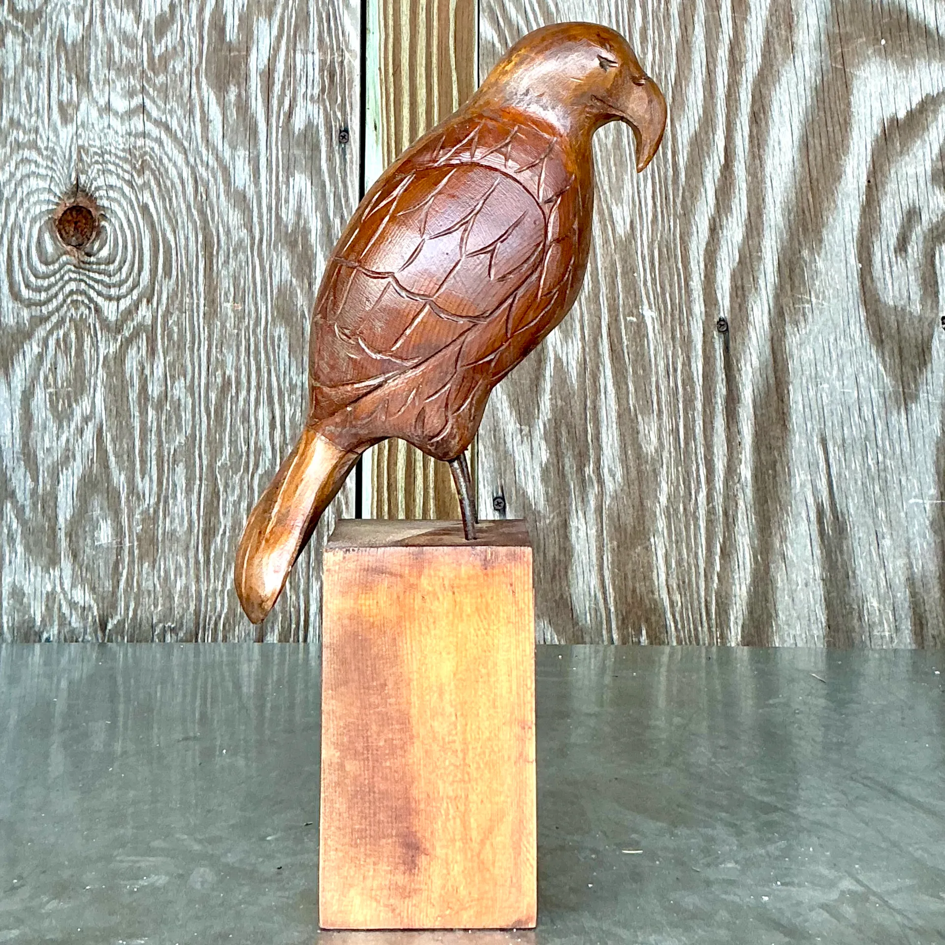 Vintage Boho Carved Wood Eagle Sculpture - Back view