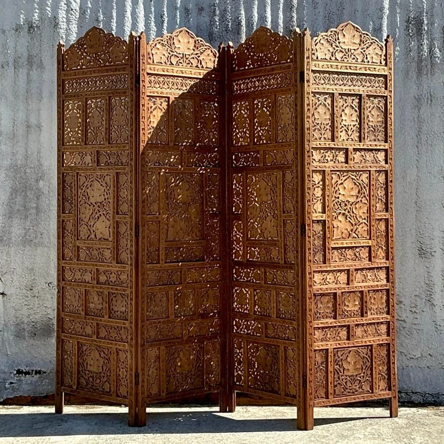Vintage Boho Carved Wood Folding Screen - Back view