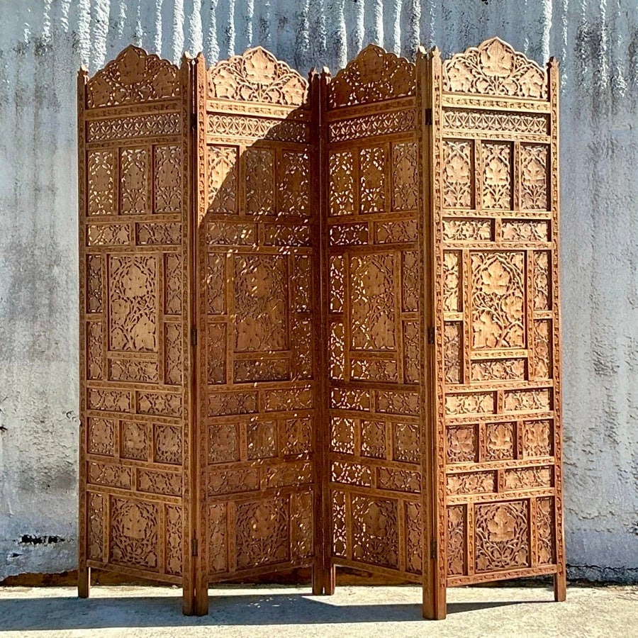 Vintage Boho Carved Wood Folding Screen - Side view