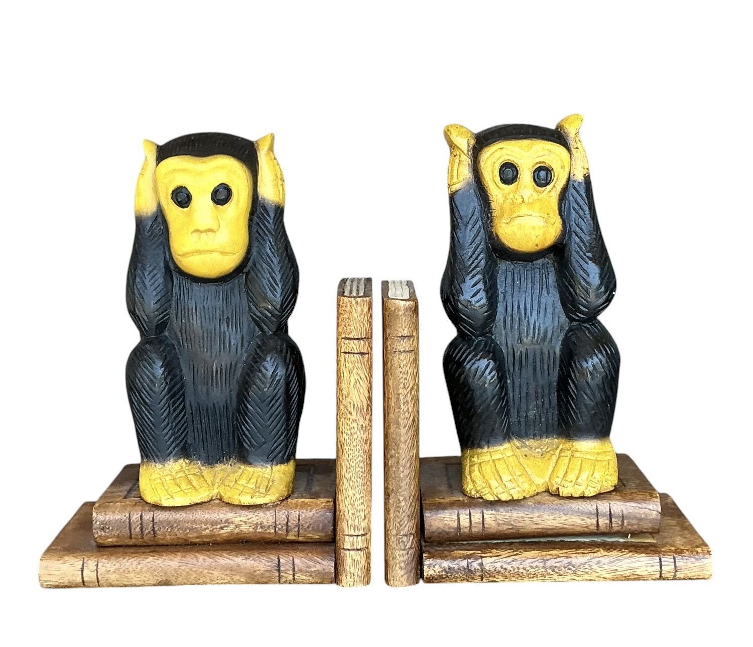 Vintage Boho Carved Wood Monkey Bookends - A Pair - Detail view