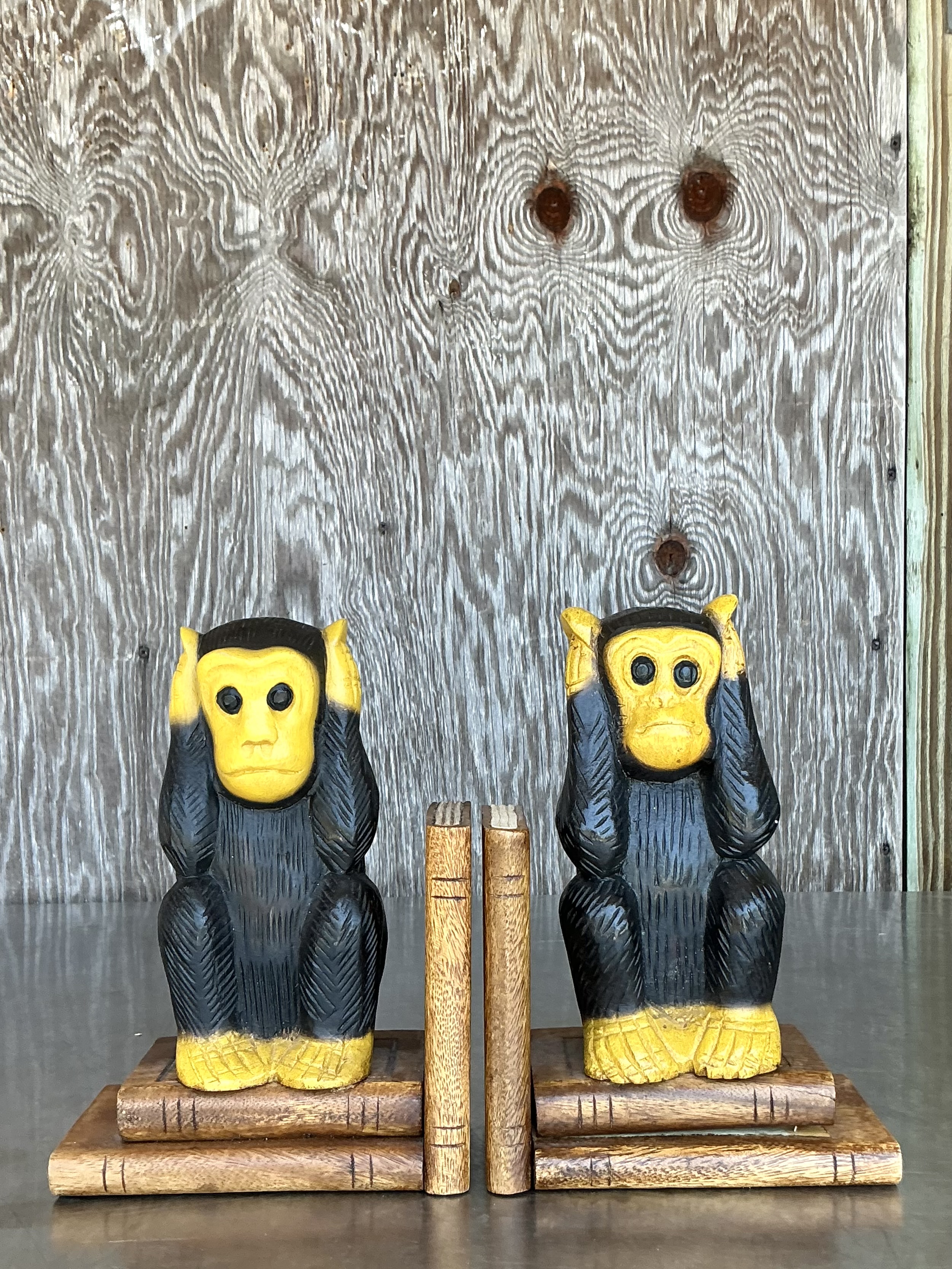 Vintage Boho Carved Wood Monkey Bookends - A Pair - Side view