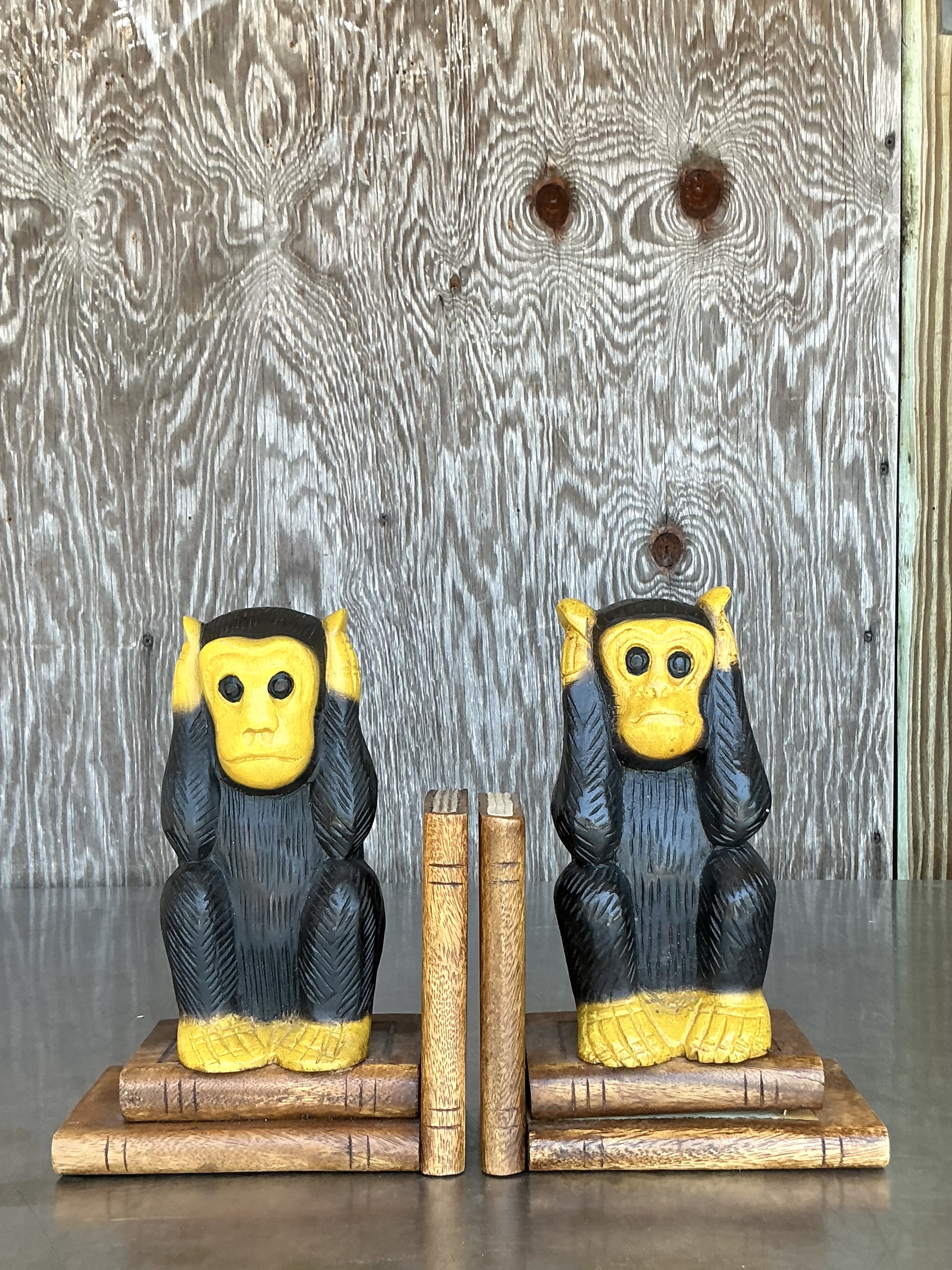 Vintage Boho Carved Wood Monkey Bookends - A Pair - Back view
