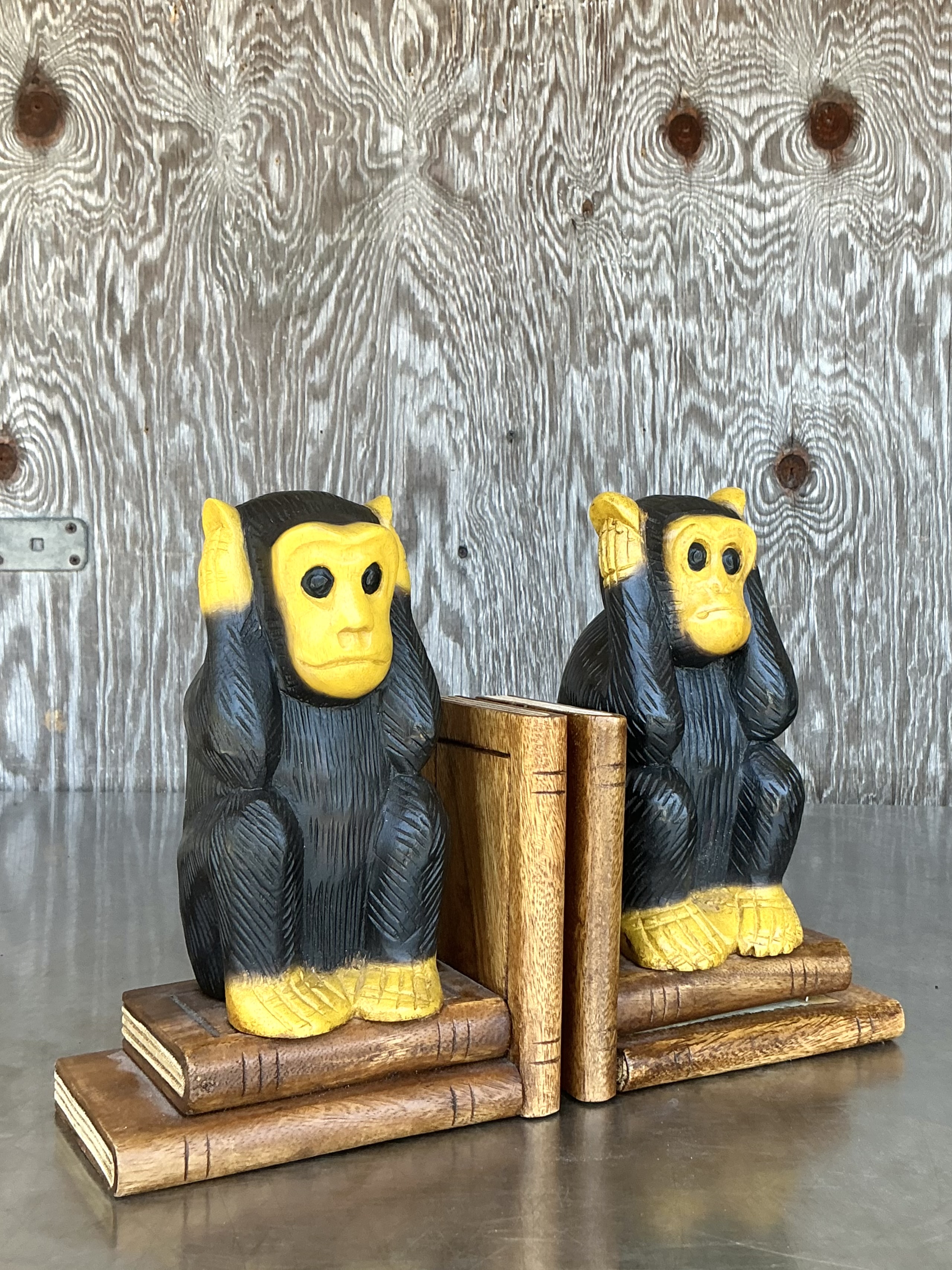 Vintage Boho Carved Wood Monkey Bookends - A Pair - Top view