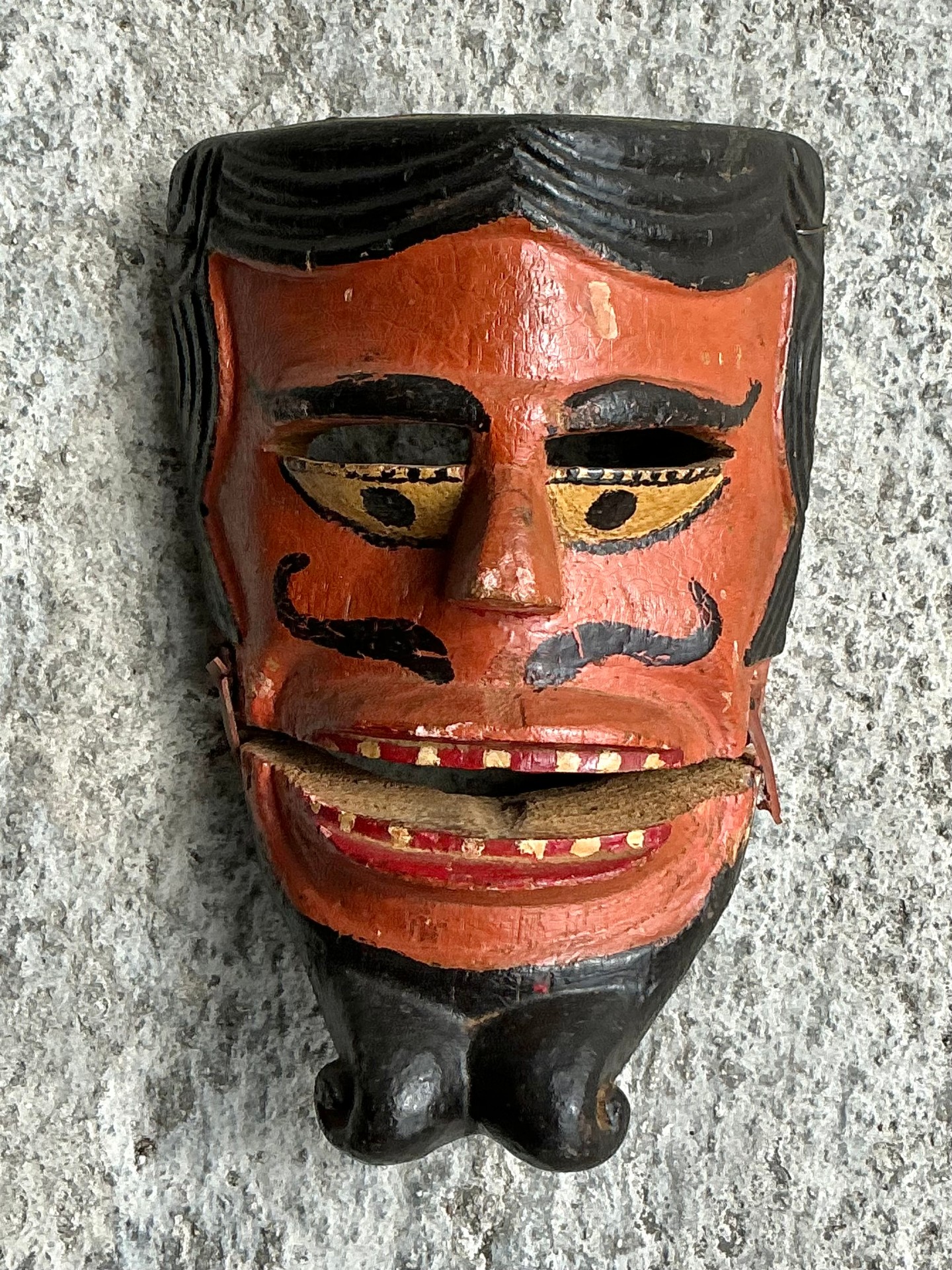 Vintage Boho Carved Wood Painted Articulated Face Mask - Detail view