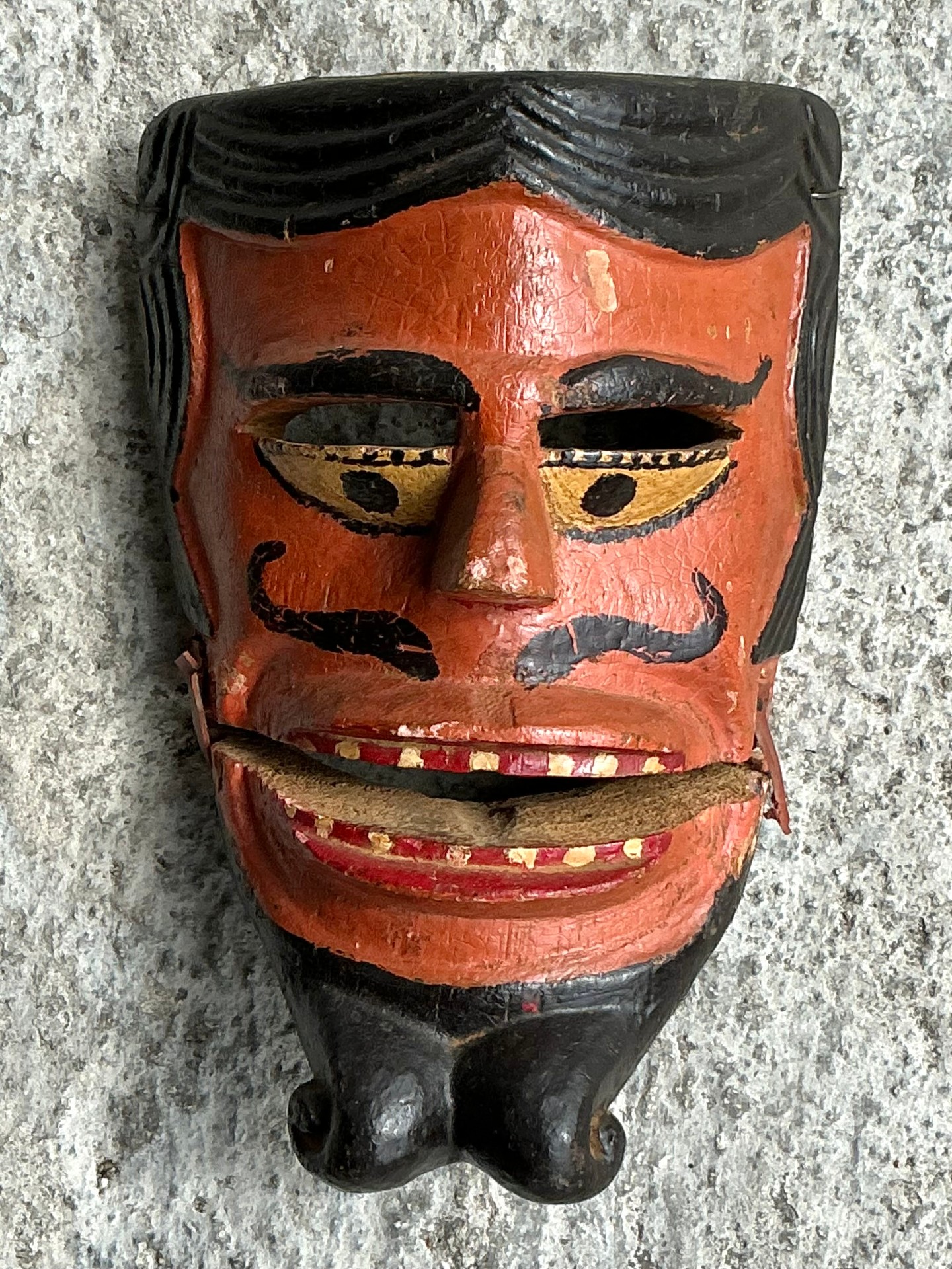 Vintage Boho Carved Wood Painted Articulated Face Mask - Side view
