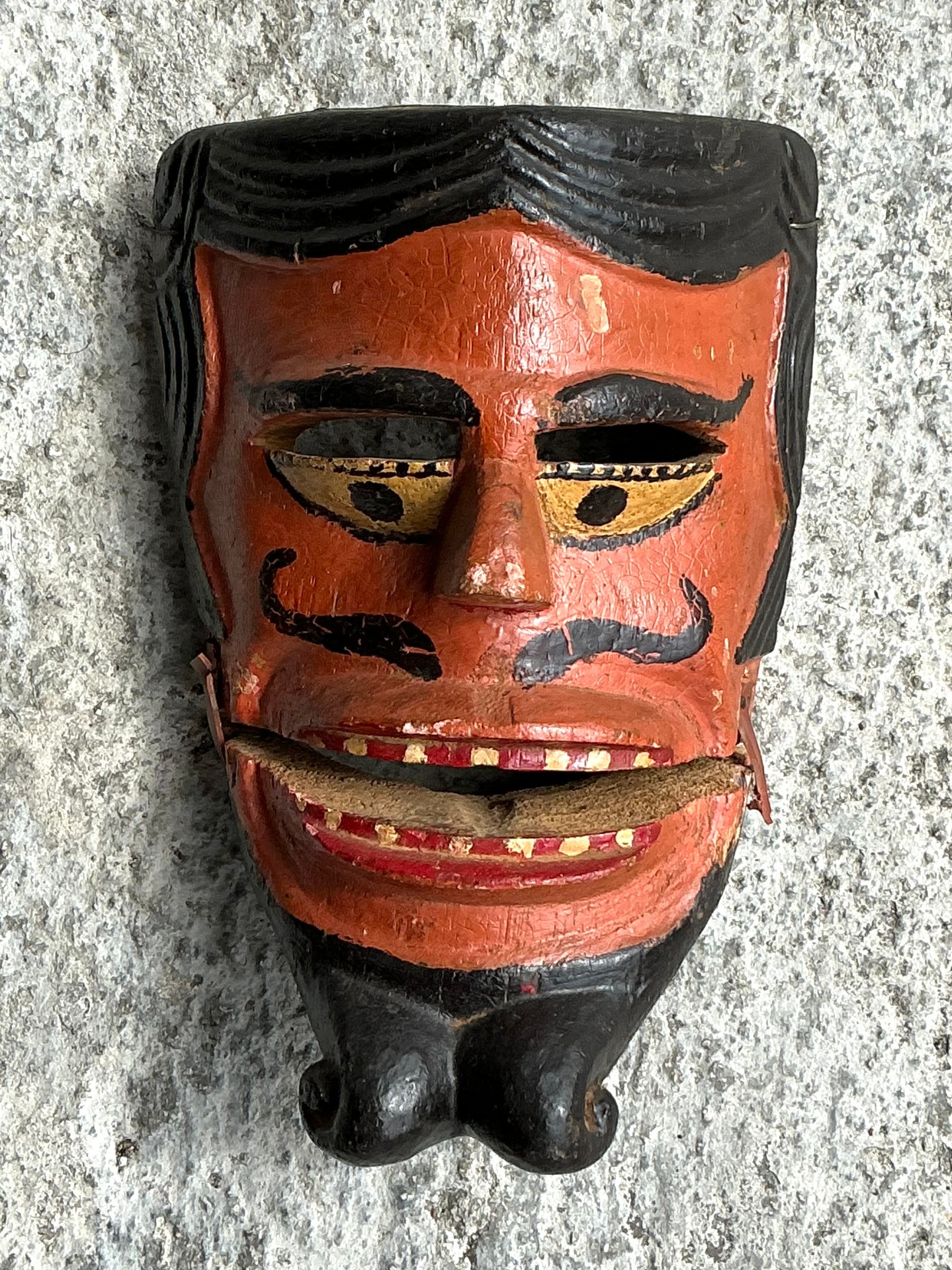 Vintage Boho Carved Wood Painted Articulated Face Mask - Back view
