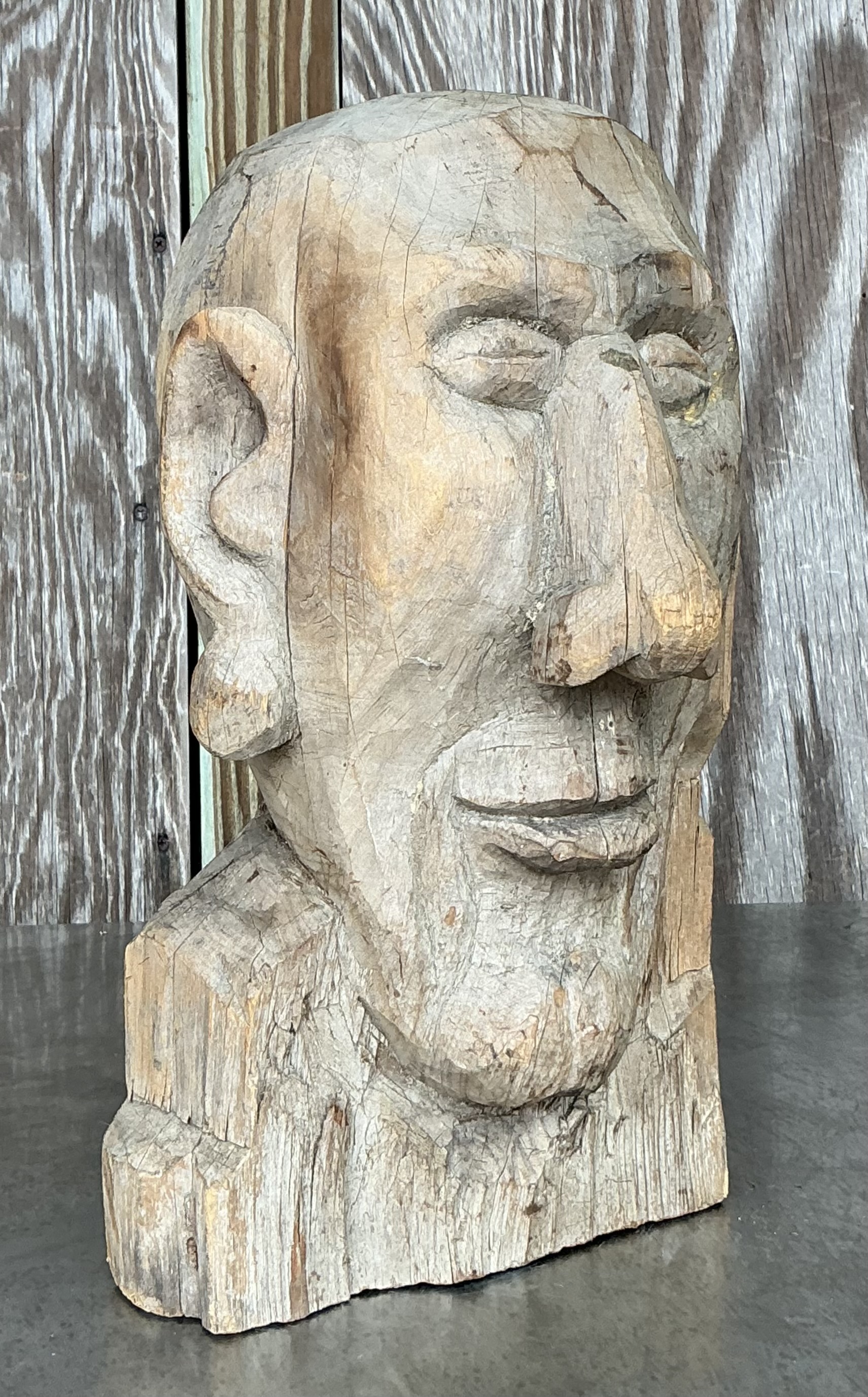Vintage Boho Carved Wooden Bust of Man - Side view