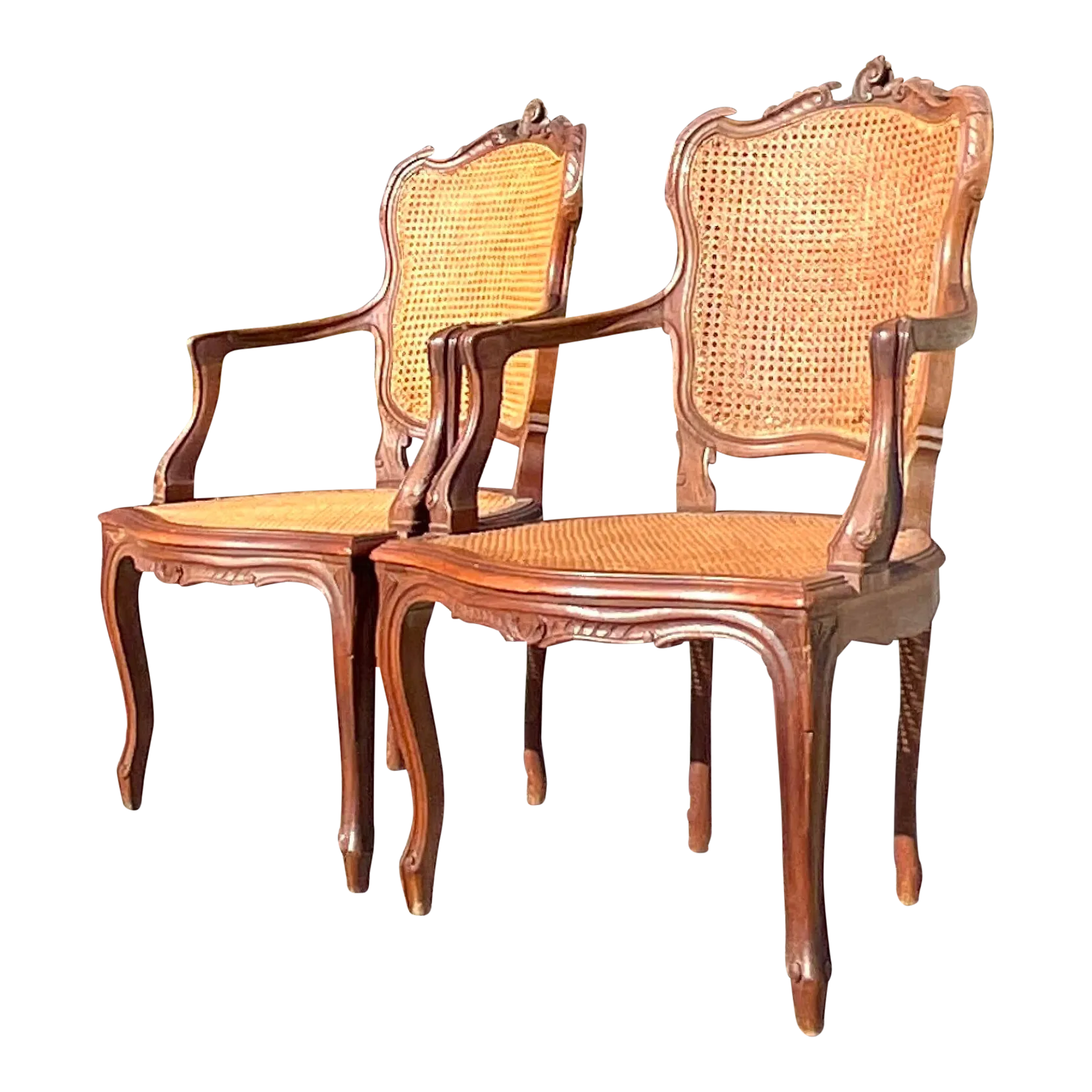 Vintage Boho Carved Wooden Chairs With Inset Cane Panels - a Pair