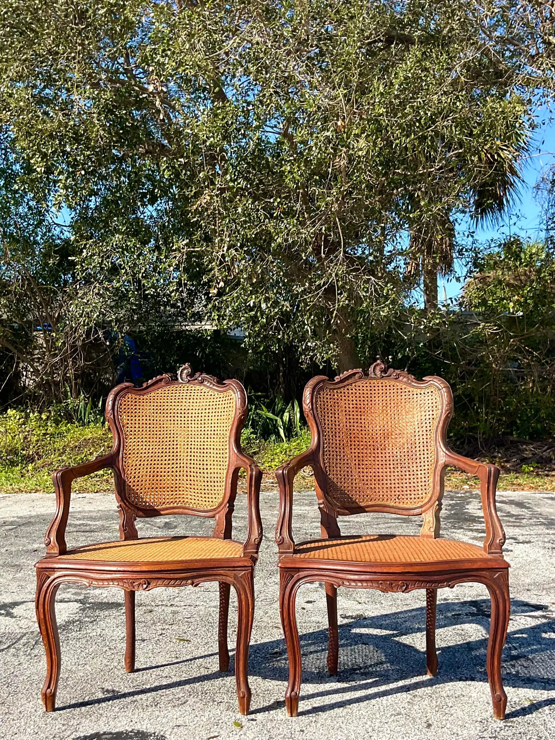 Vintage Boho Carved Wooden Chairs With Inset Cane Panels - a Pair - Side view