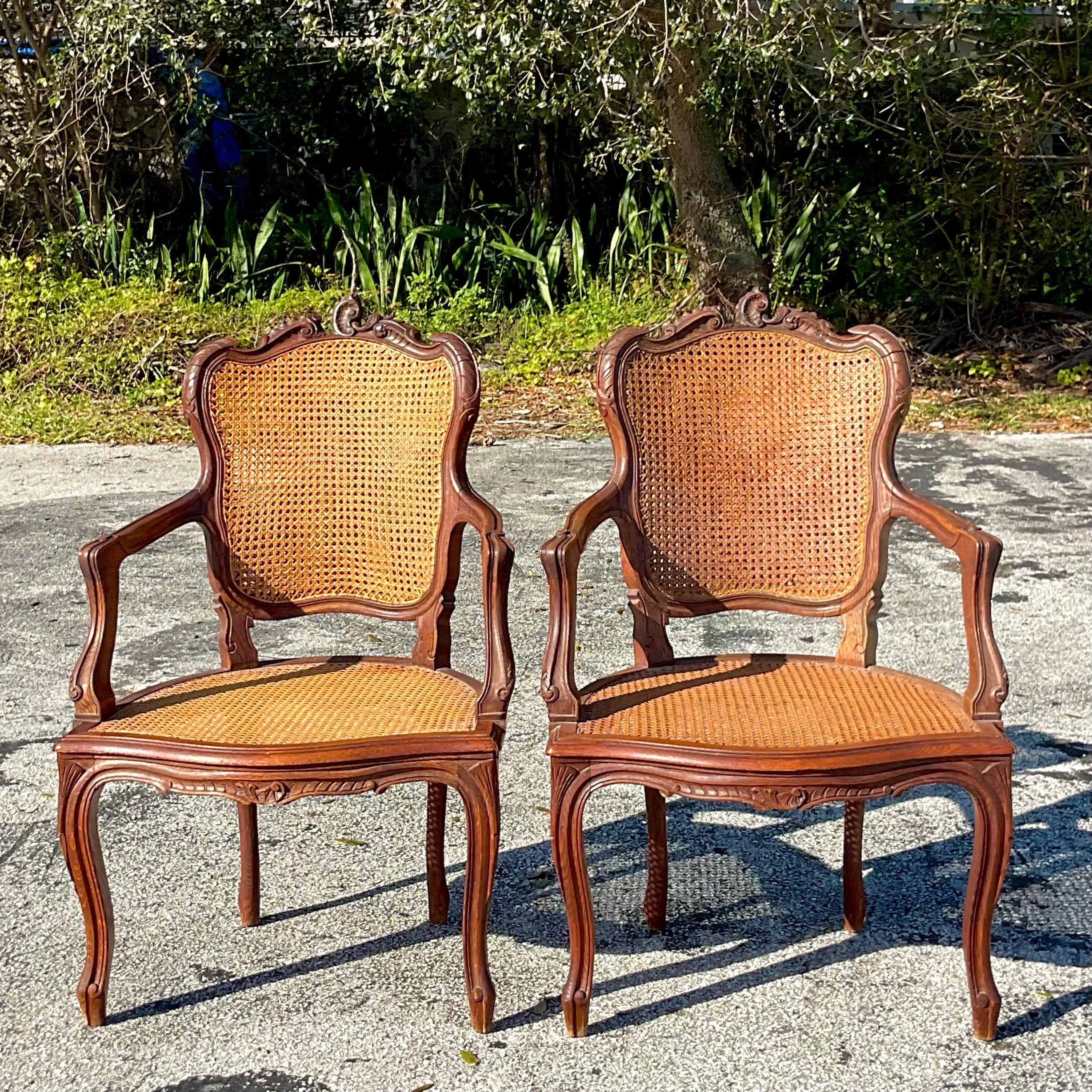 Vintage Boho Carved Wooden Chairs With Inset Cane Panels - a Pair - Detail view