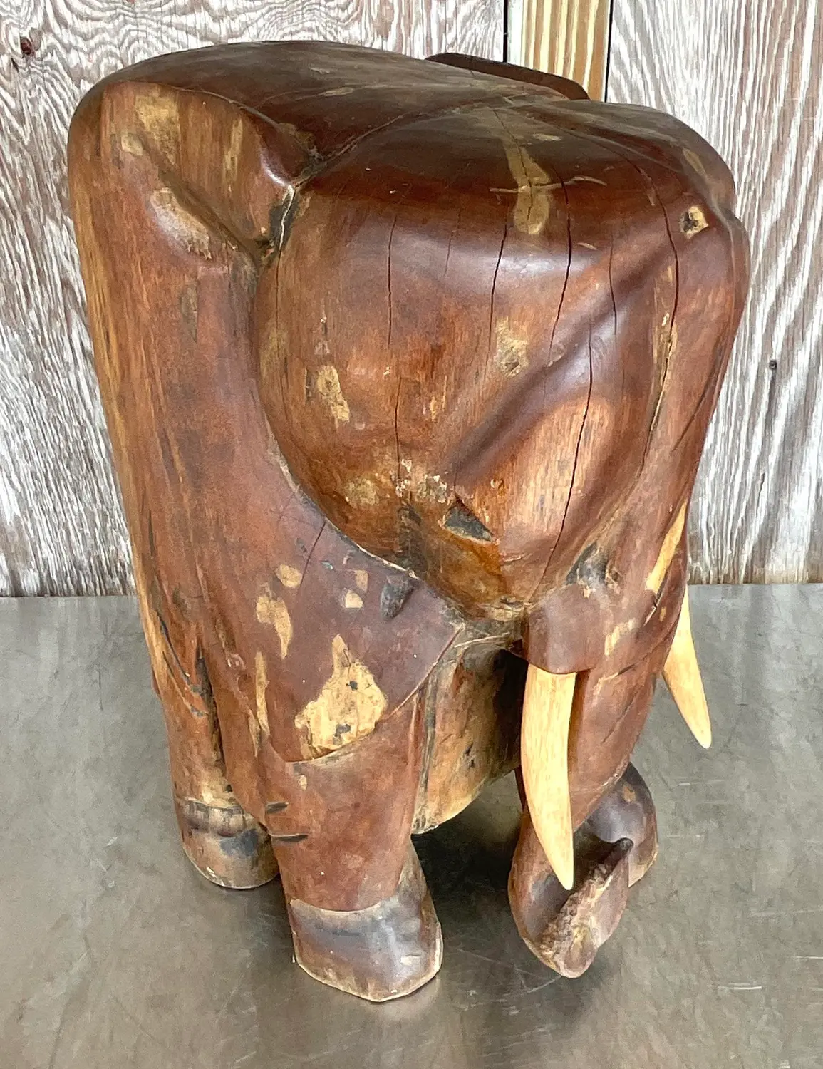 Vintage Boho Carved Wooden Elephant Low Stool - Detail view