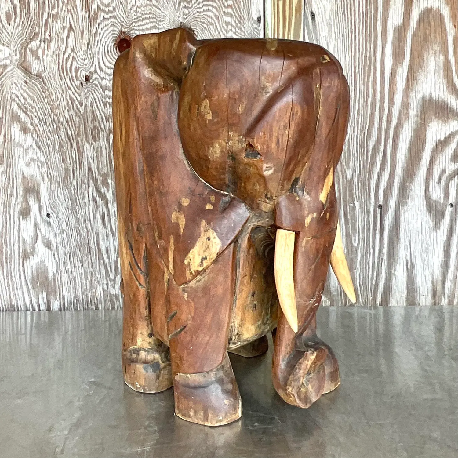 Vintage Boho Carved Wooden Elephant Low Stool - Side view