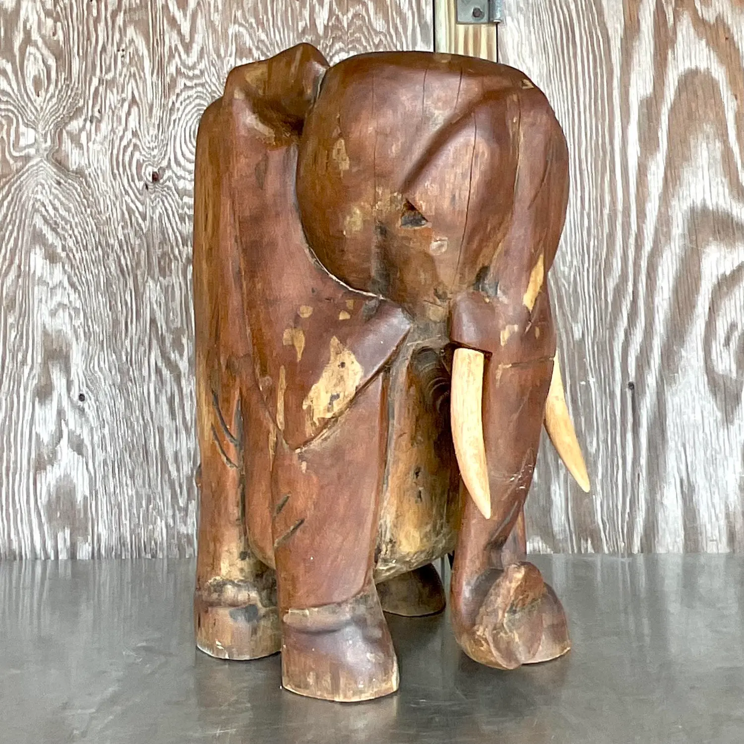 Vintage Boho Carved Wooden Elephant Low Stool - Back view