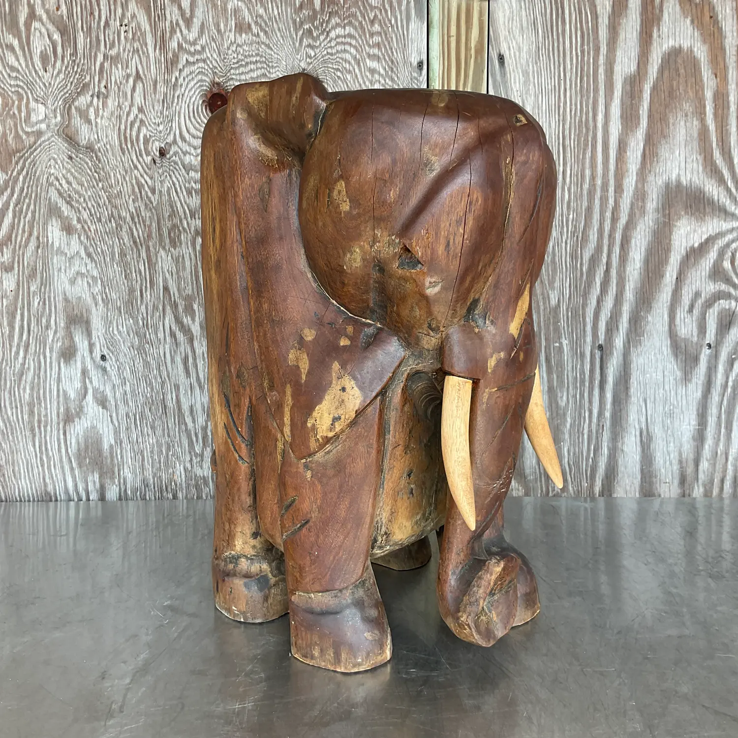Vintage Boho Carved Wooden Elephant Low Stool - Top view