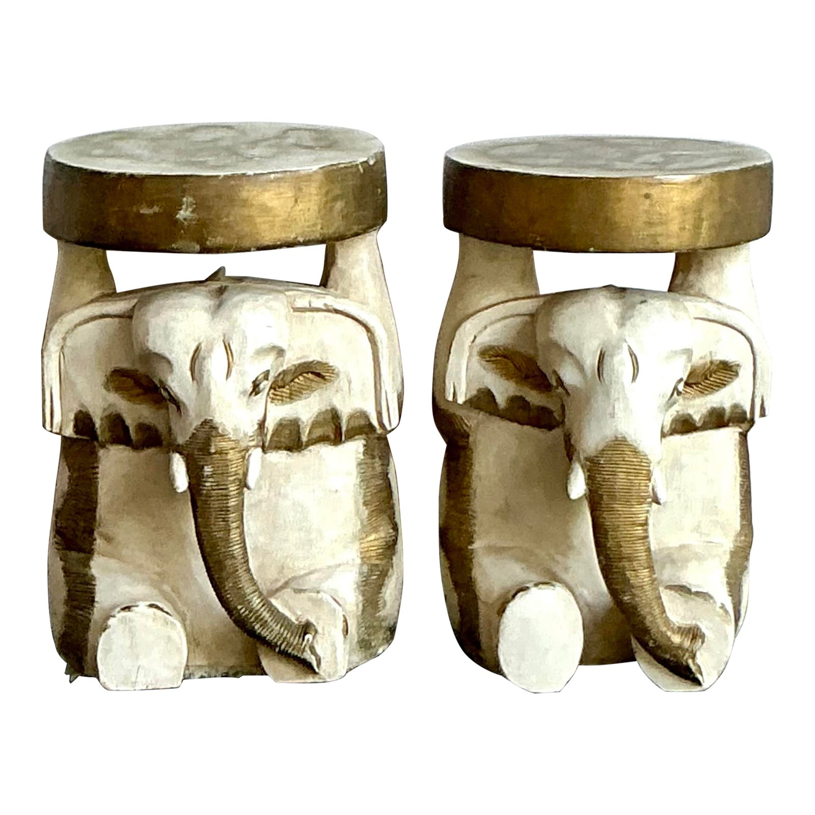 Vintage Boho Carved Wooden Elephant Low Stool - A Pair - Detail view