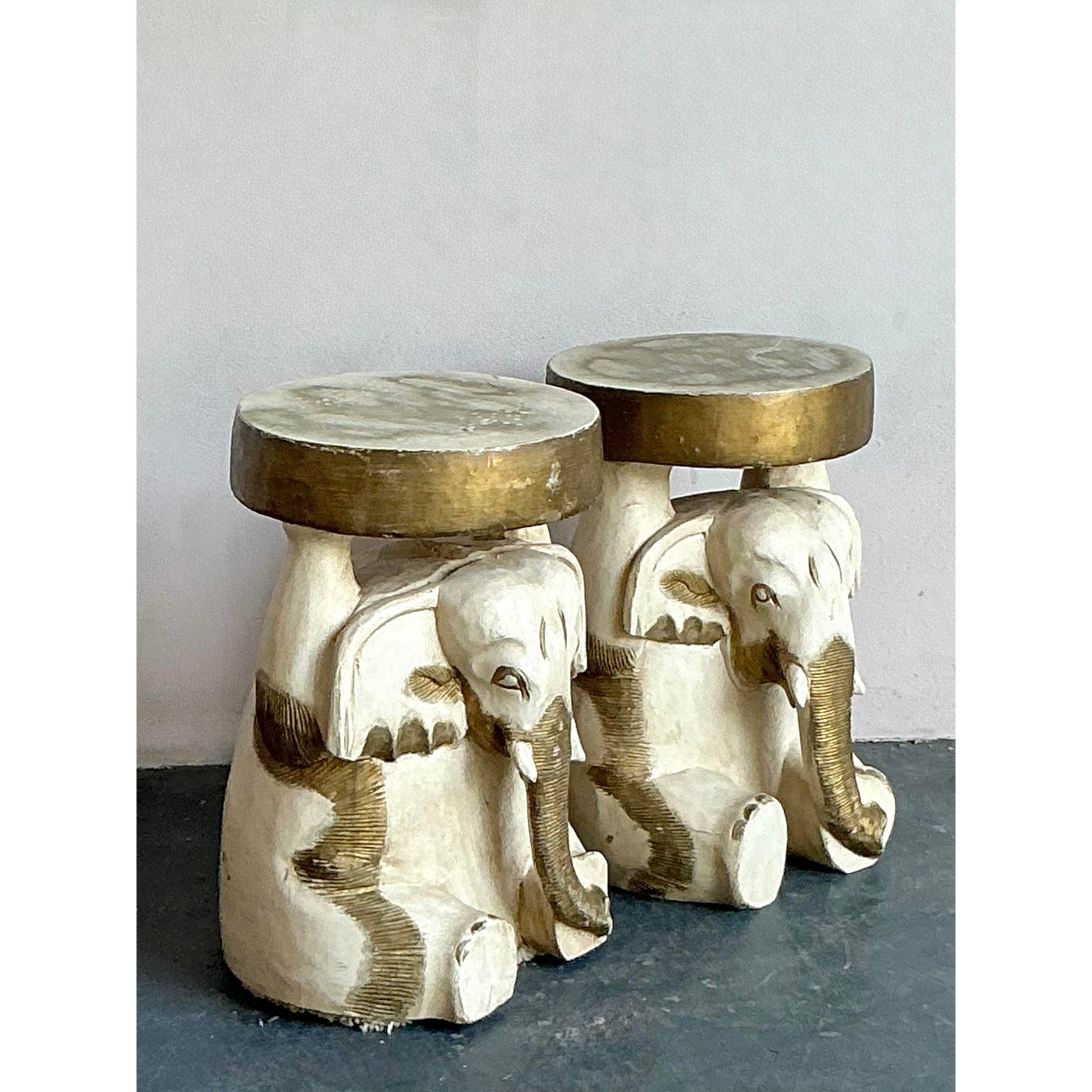 Vintage Boho Carved Wooden Elephant Low Stool - A Pair - Top view