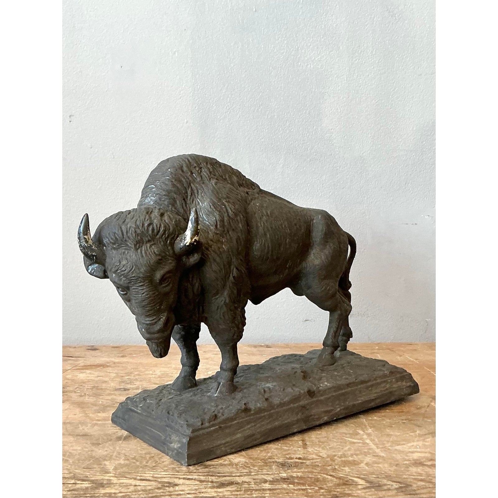 Vintage Boho Cast Buffalo Statue - Side view