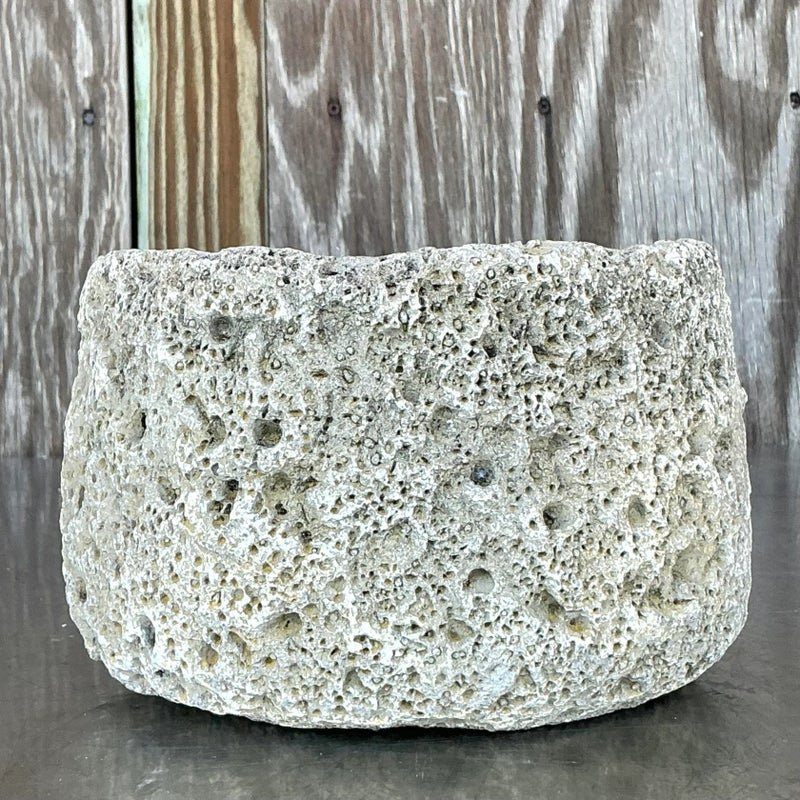 Vintage Boho Cast Cement Crater Planter - Side view
