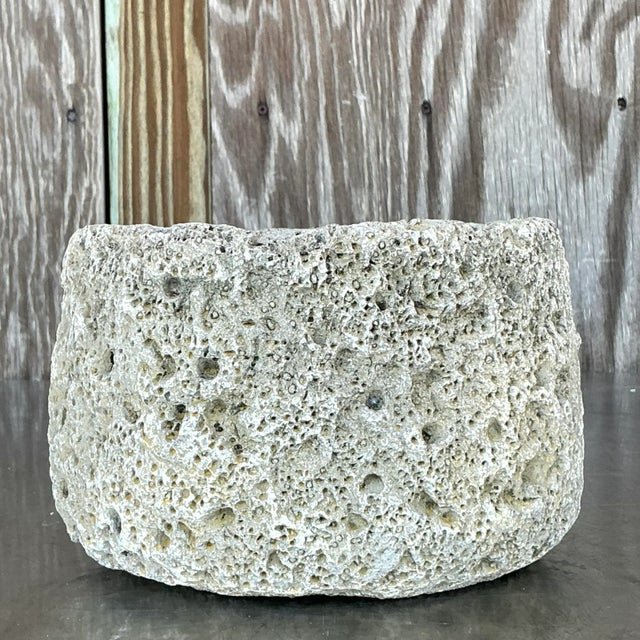Vintage Boho Cast Cement Crater Planter - Back view